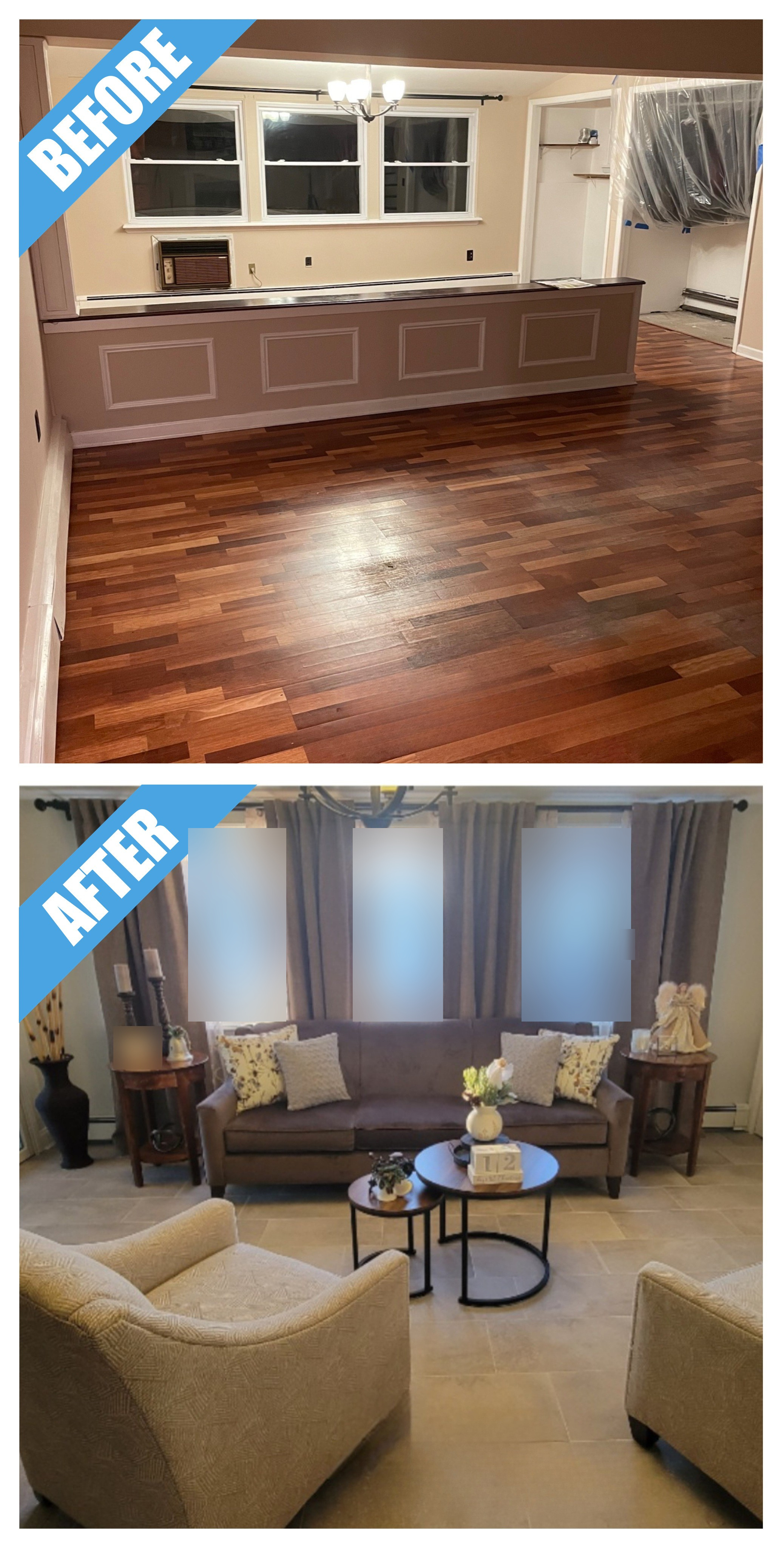 Before and after of a living room remodel in Levittown, NY: wood floor replaced by large gray porcelain tile
