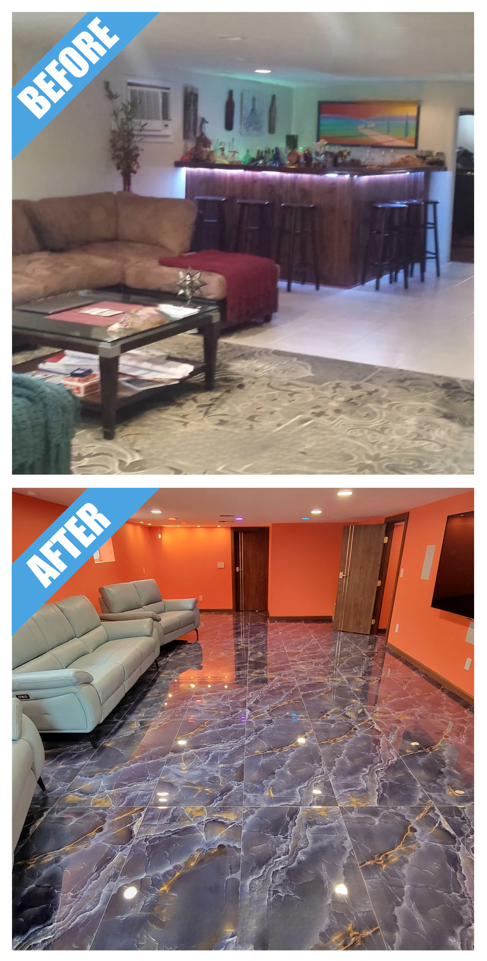 Before and after of a basement remodel in Dix Hills, NY: light tile replaced by a glossy blue-gray marble-look porcelain floor