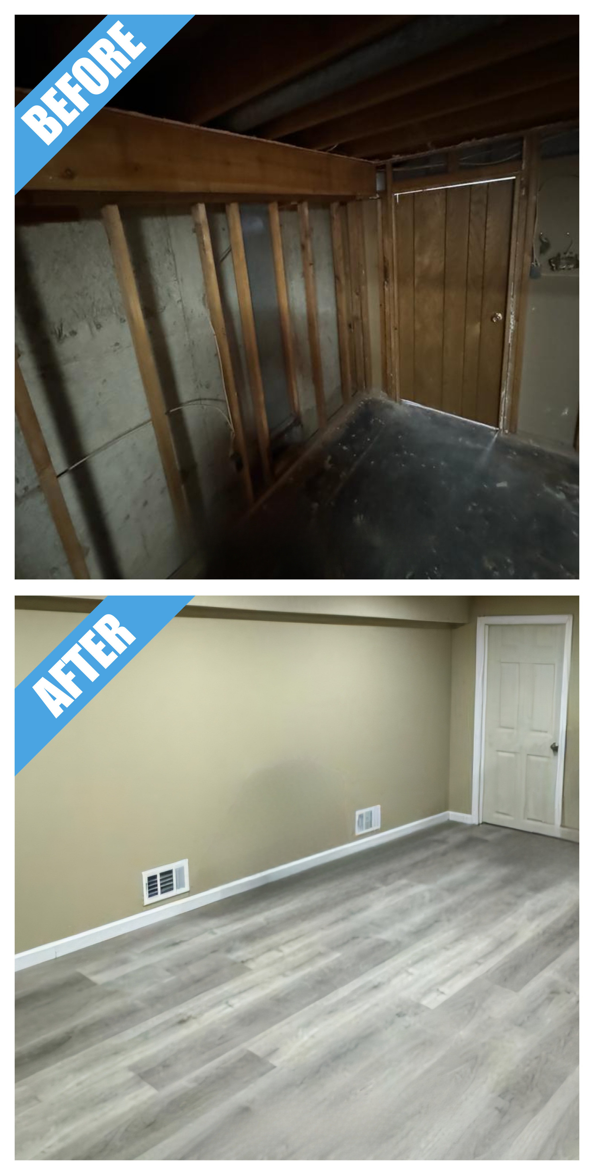 Before and after of a basement remodel in Oceanside, NY: open studs and concrete finished with walls, a door and light gray vinyl plank