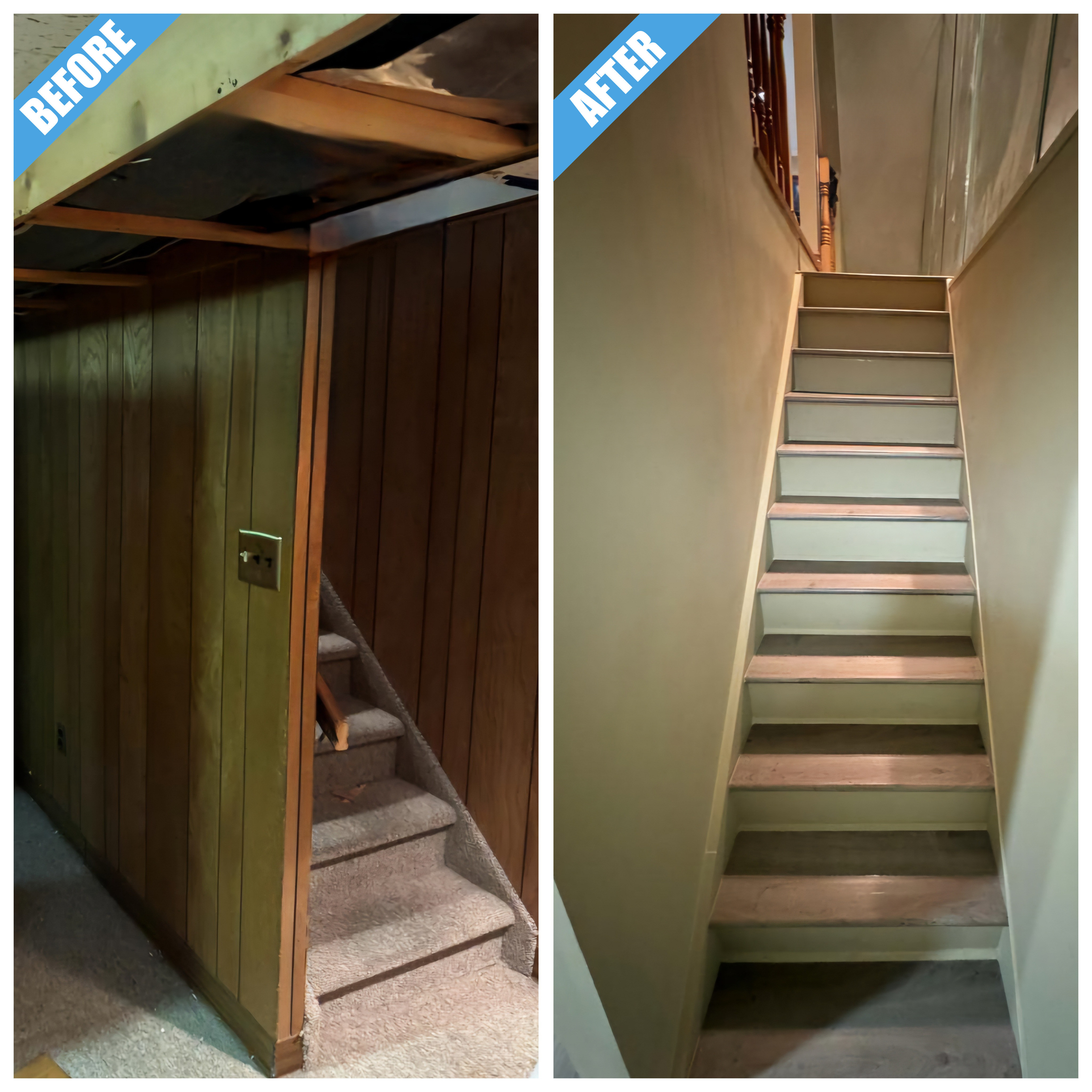 Before and after of a basement staircase remodel in Oceanside, NY: carpeted stairs replaced by wood treads and painted risers