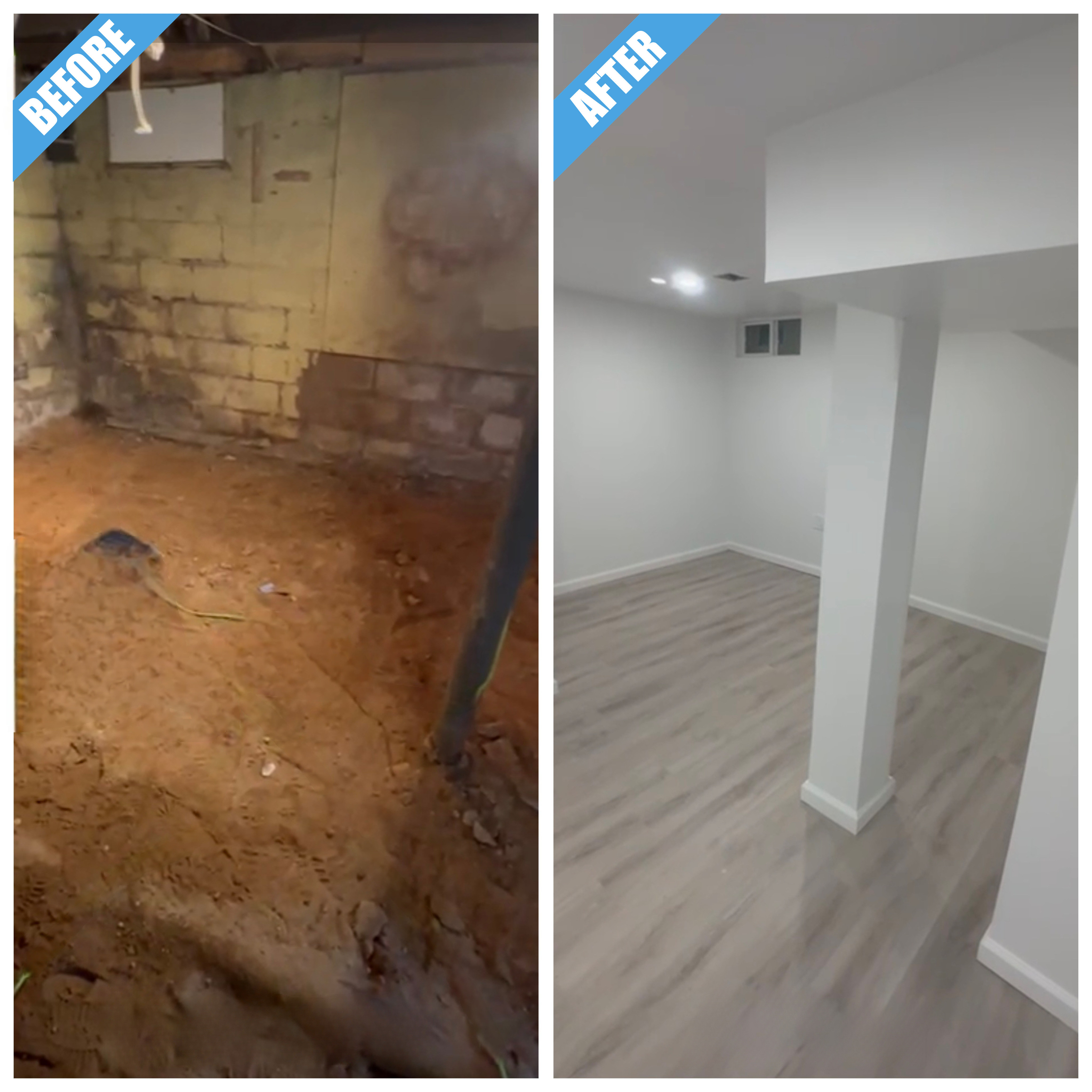 Before and after of a basement remodel in Freeport, NY: bare floor and block walls finished, with a boxed-in column and vinyl plank