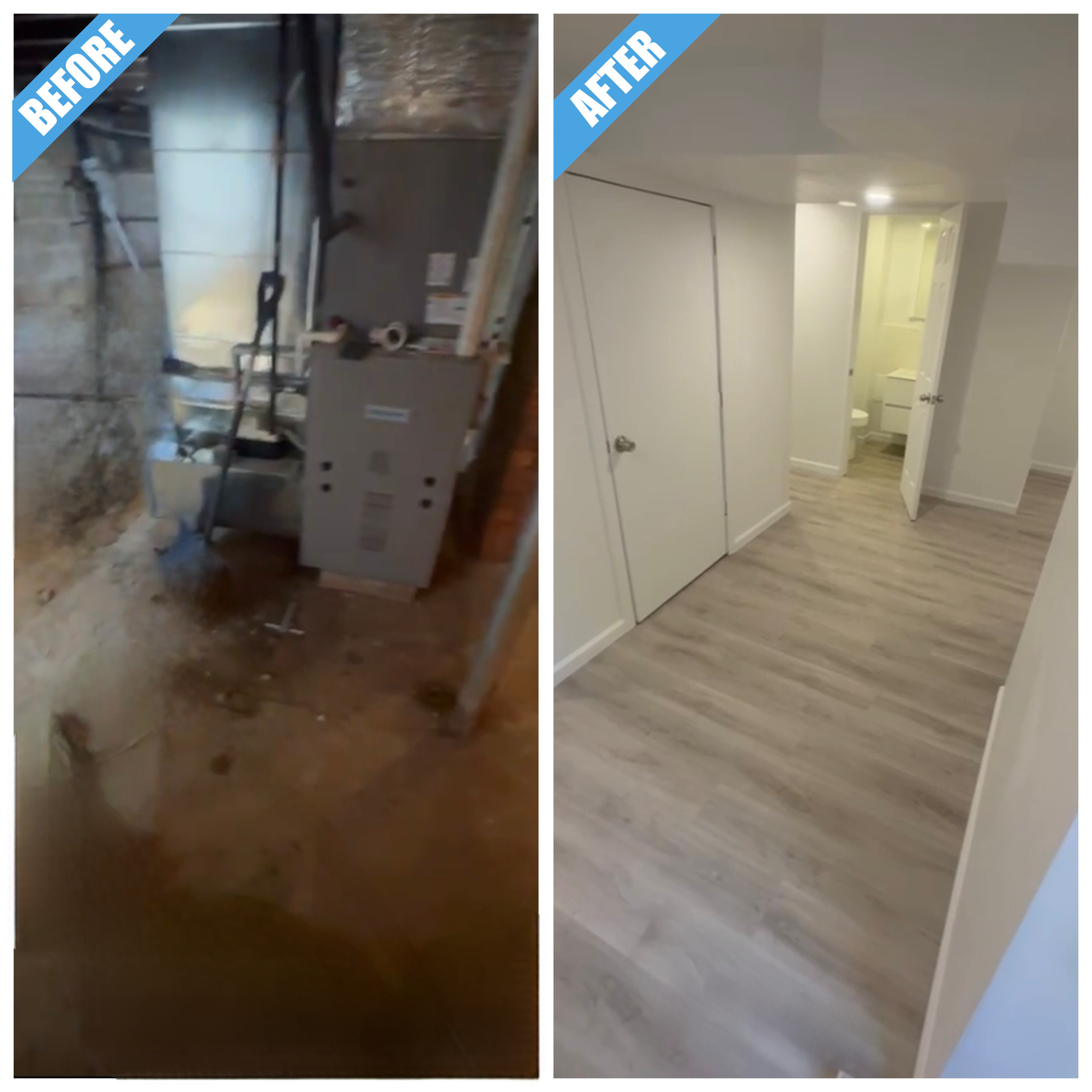 Before and after of a basement remodel in Freeport, NY: unfinished utility area finished with white walls, doors and gray vinyl plank floor