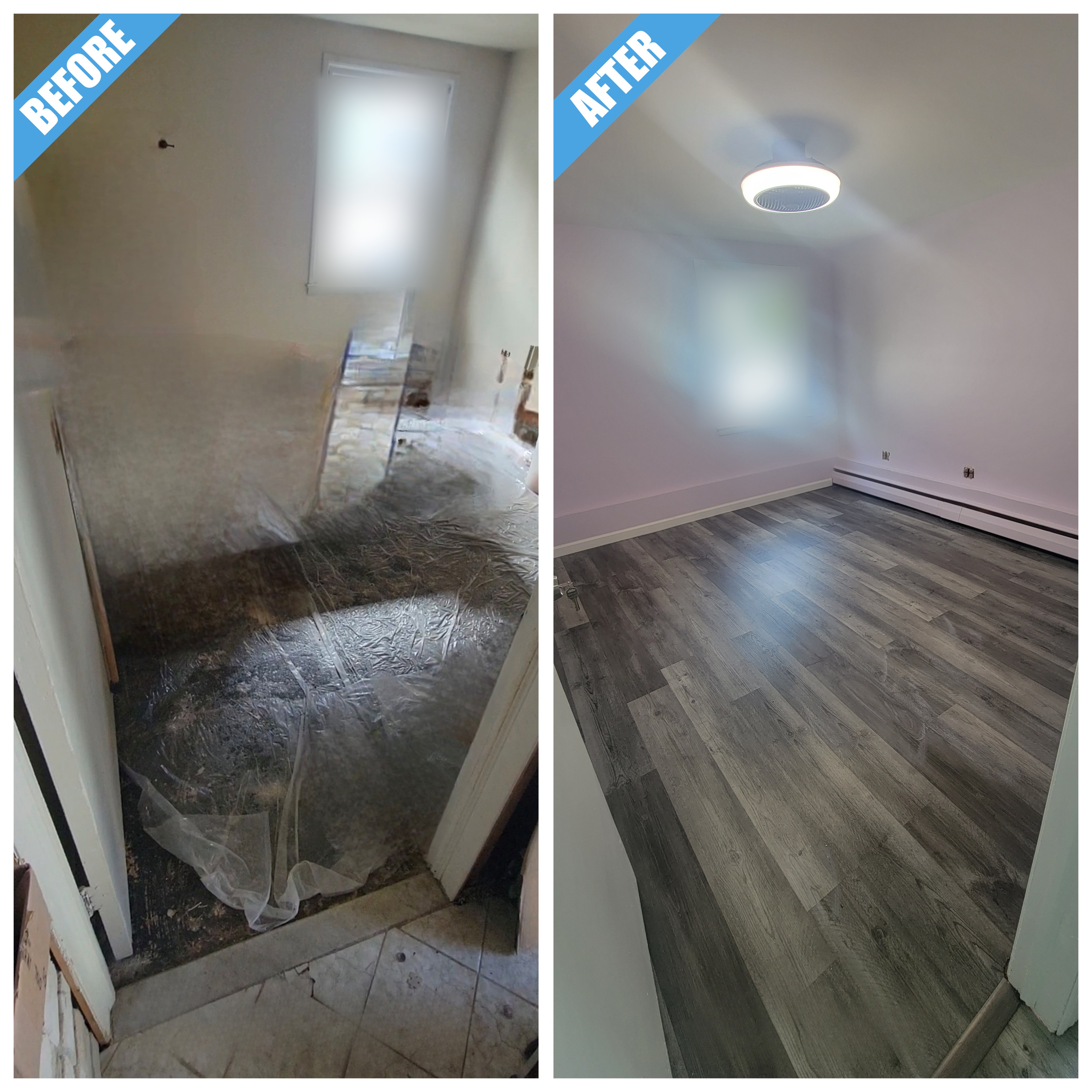 Before and after of a room remodel in Port Washington, NY: stripped floor finished with gray wood-look plank and fresh paint