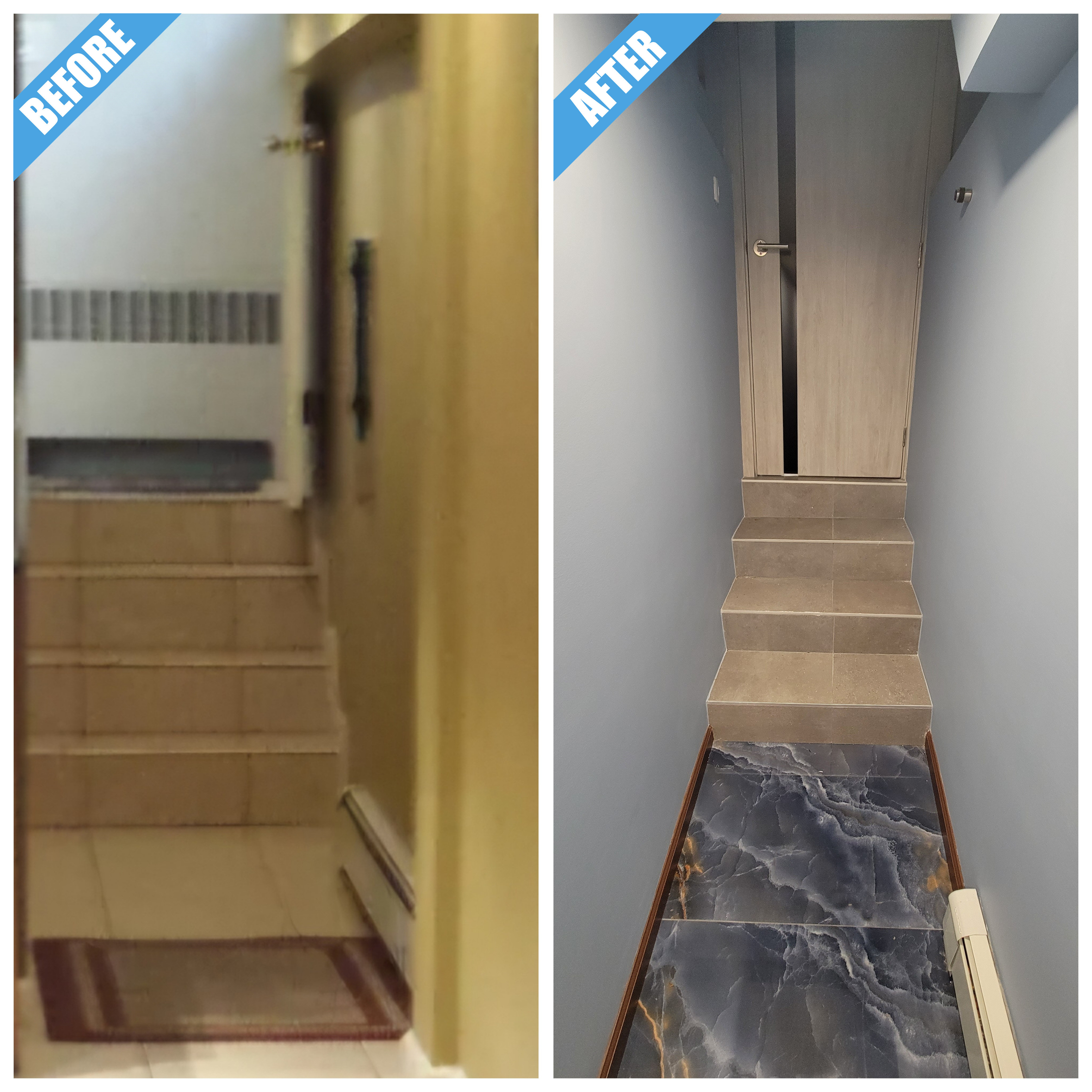 Before and after of a staircase remodel in Dix Hills, NY: stairs and hall finished in tile, with a blue-gray marble-look floor