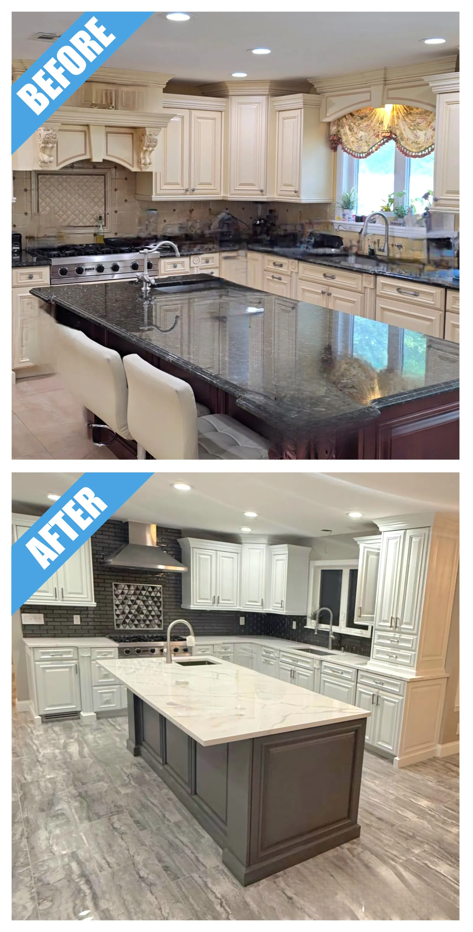 White Cabinets And Gray Island Kitchen Remodel in Woodbury, NY by Class Remodeling project photo