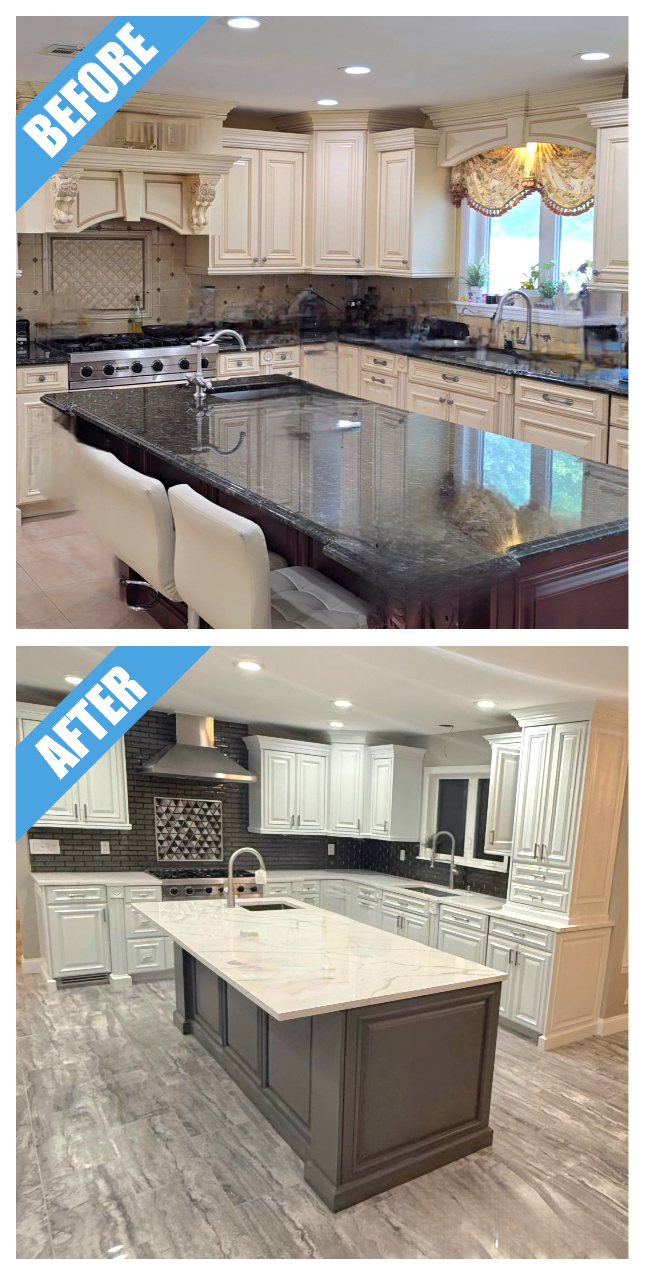 Before and after of a kitchen remodel in Woodbury, NY: cream cabinets replaced by white cabinets and a gray island with a marble-look top