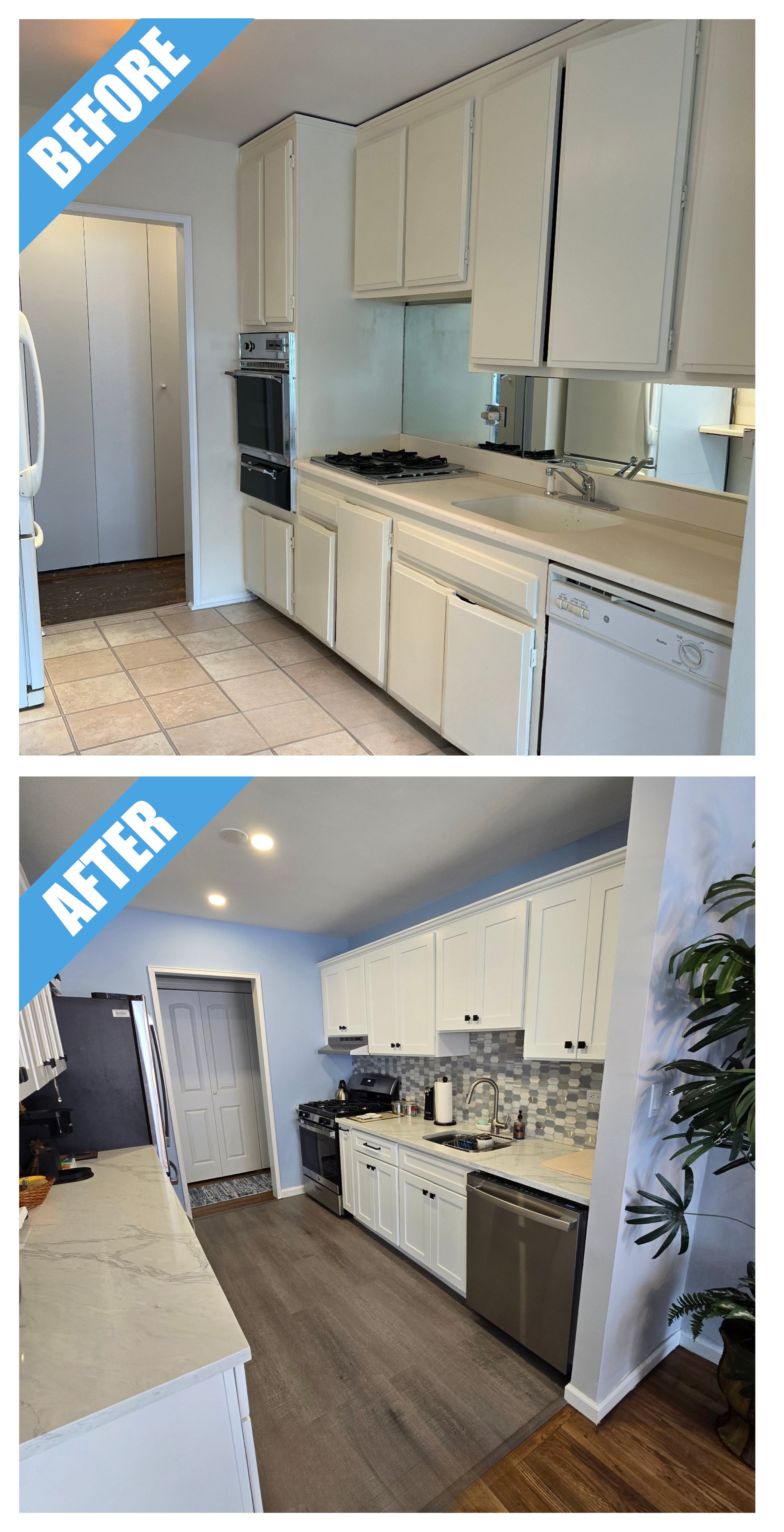 Before and after of a kitchen remodel in Long Beach, NY: white shaker cabinets, gray mosaic backsplash and gray plank floor