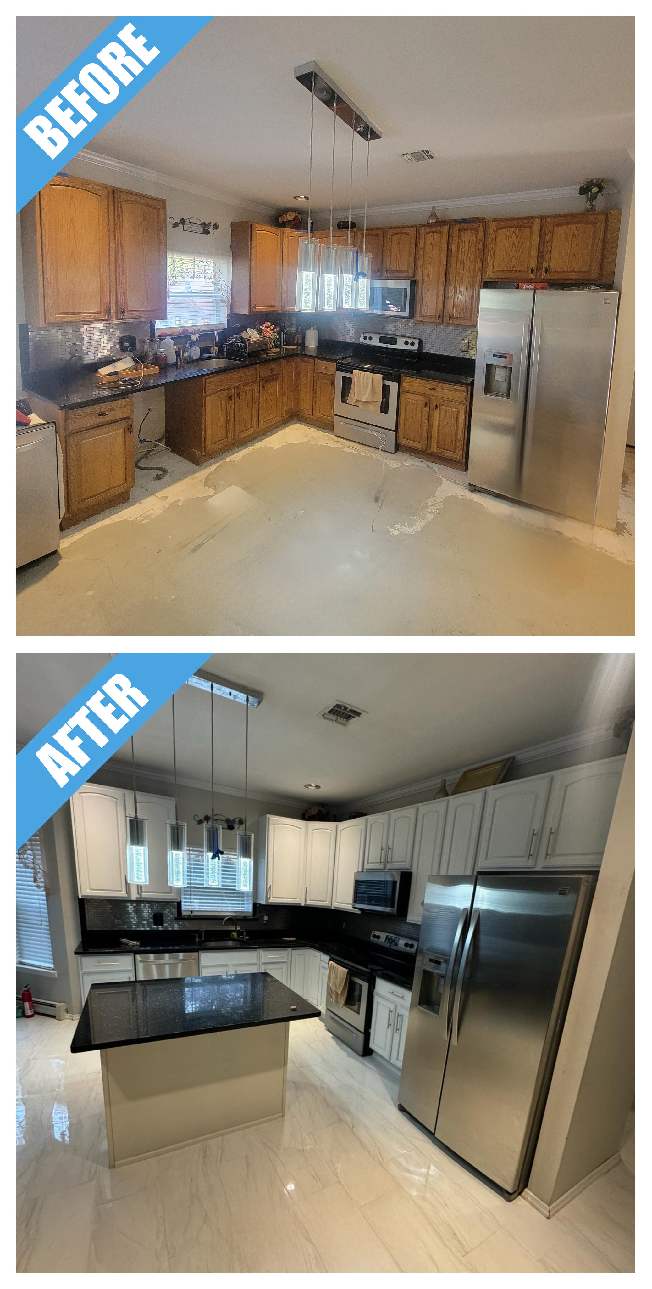 Before and after of a kitchen remodel in Nesconset, NY: wood cabinets replaced by light cabinets, a black granite island and marble-look floor