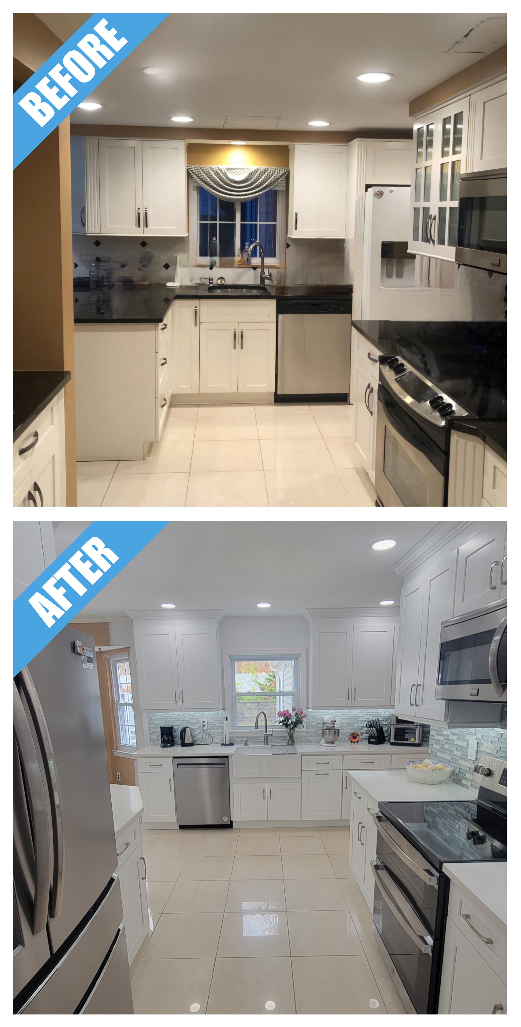 Before and after of a kitchen remodel in Smithtown, NY: white shaker cabinets, glass mosaic backsplash and light counters
