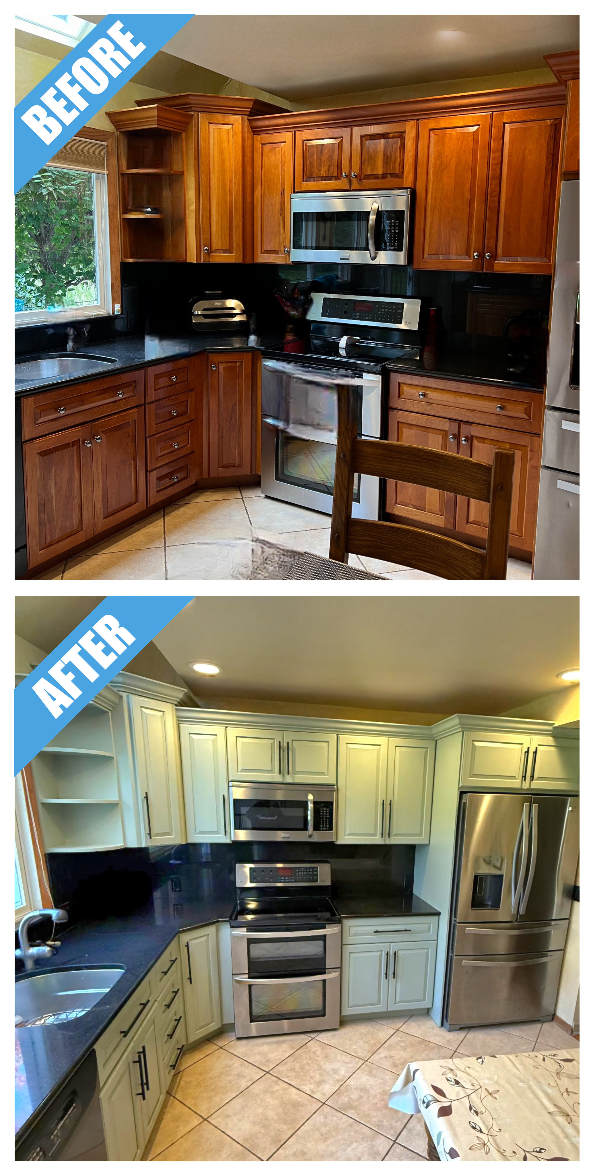 Before and after of a kitchen remodel in Upper Brookville, NY: cherry-colored cabinets refinished in sage green, with black counters