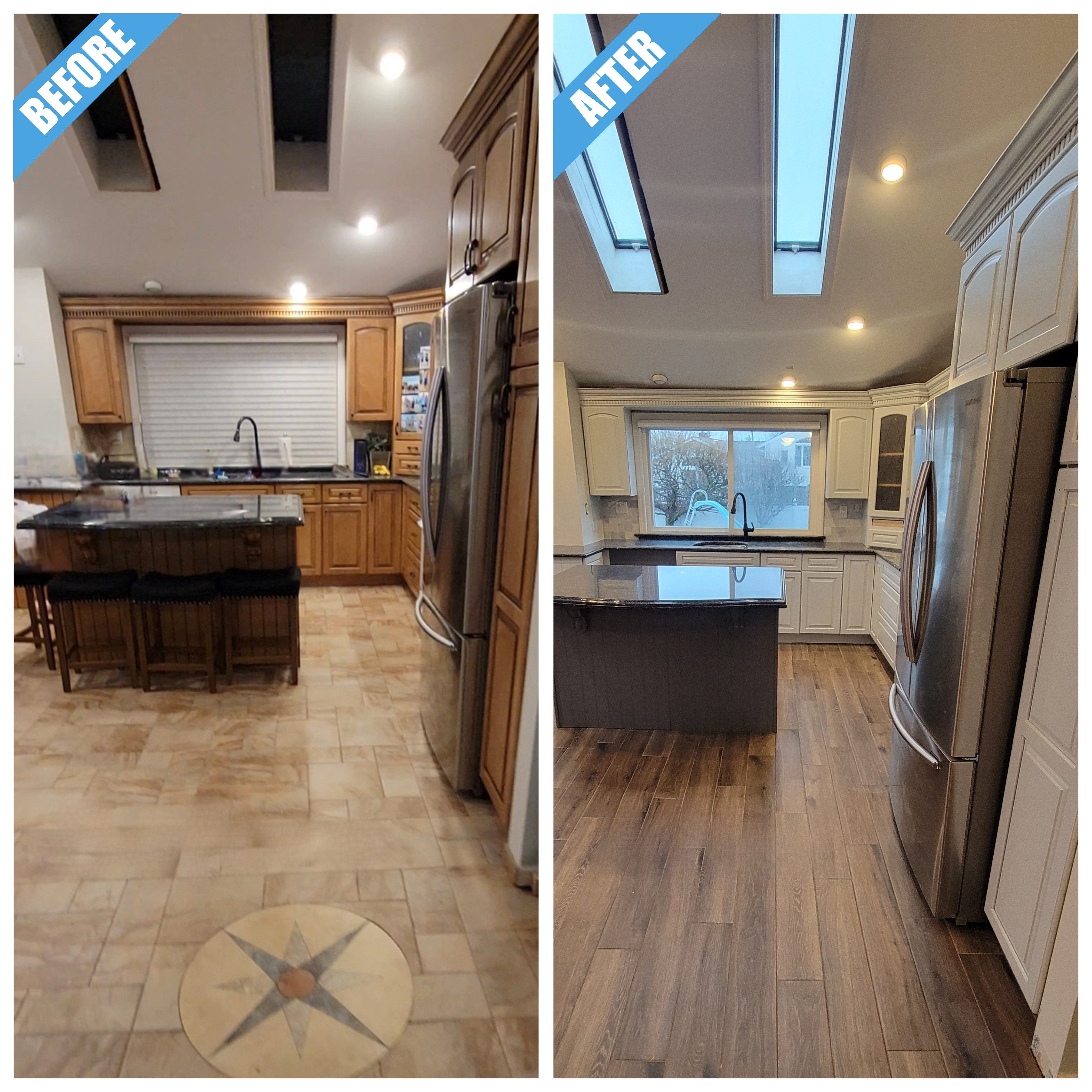 Before and after of a kitchen remodel in Merrick, NY: cream cabinets, black granite and a wood-look floor in place of the old tile