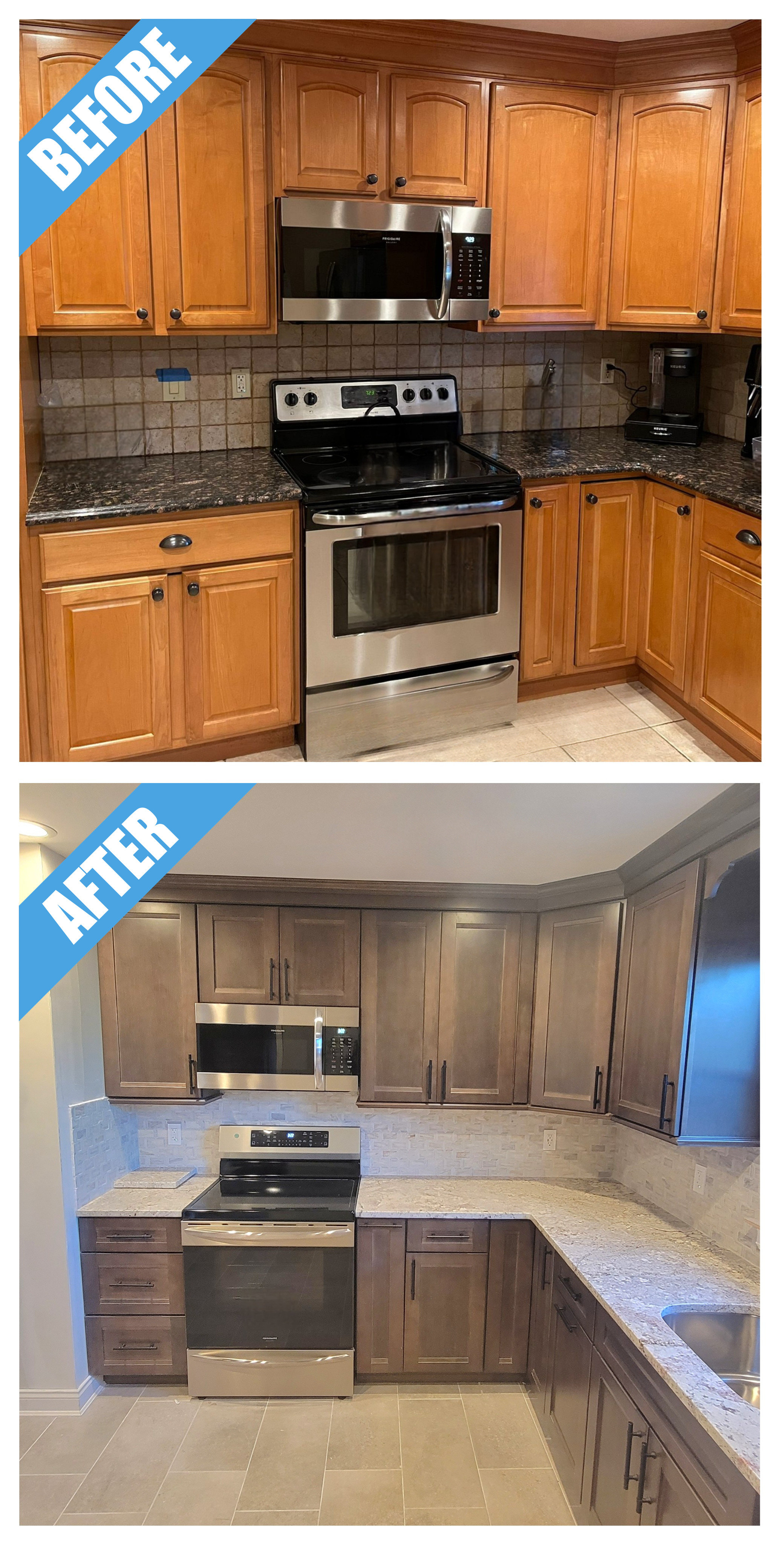 Before and after of a kitchen remodel in Levittown, NY: honey wood cabinets and dark counters replaced by taupe cabinets and light speckled counters