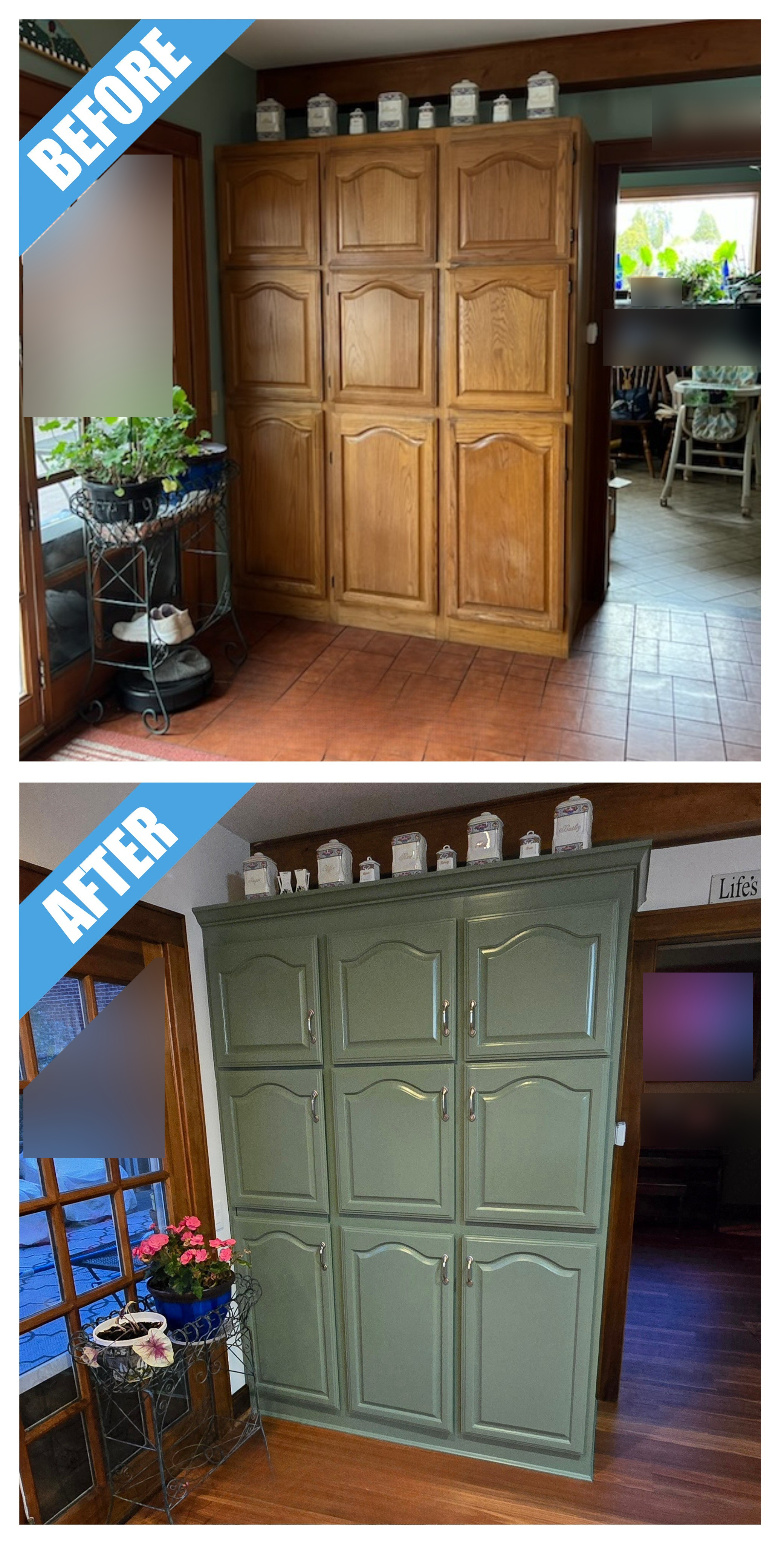 Before and after of a kitchen remodel in Floral Park, NY: tall wood pantry cabinet refinished in sage green