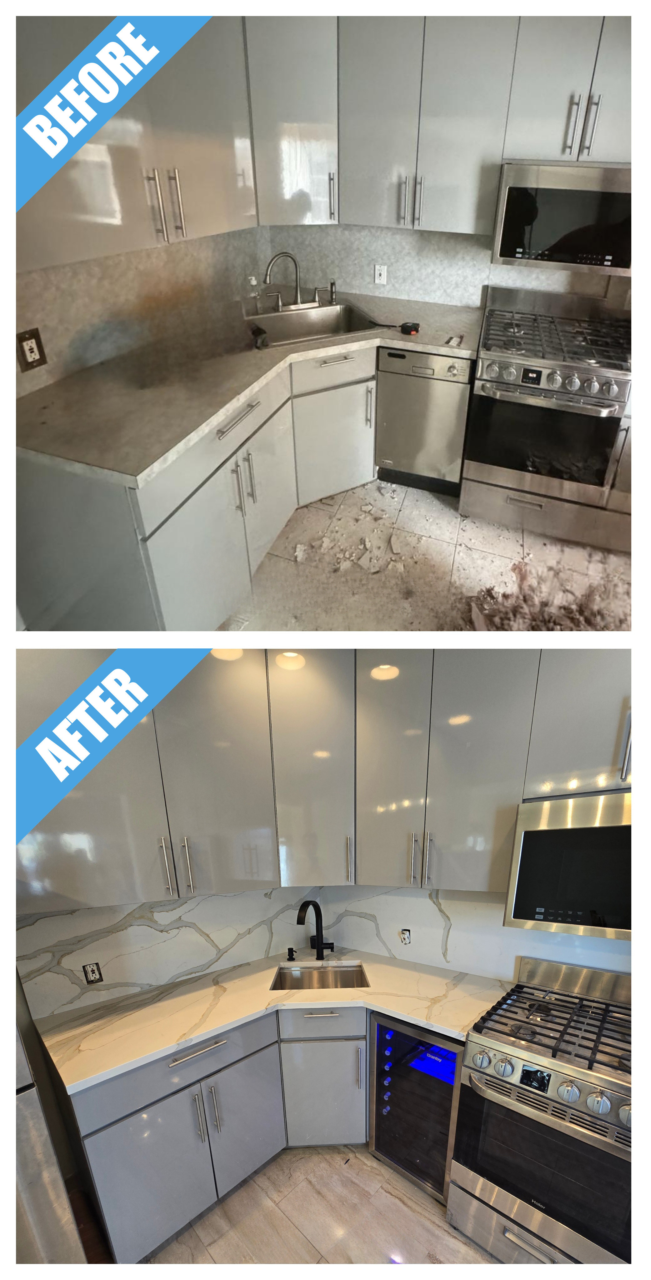 Before and after of a kitchen remodel in West Babylon, NY: gray gloss cabinets with a new marble-look counter and backsplash