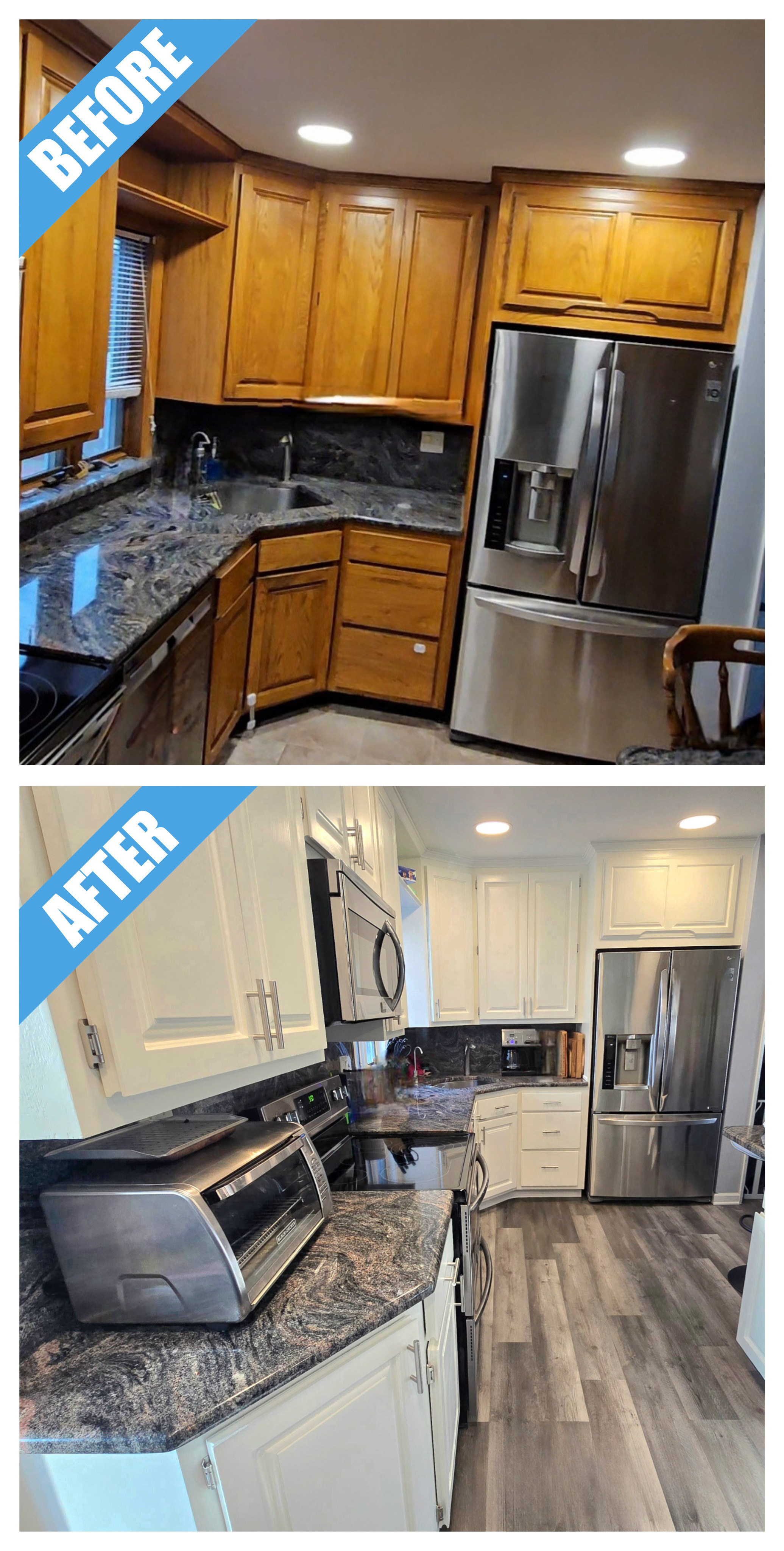 Before and after of a kitchen remodel in Massapequa Park, NY: wood cabinets painted white, with dark granite counters and gray plank floor