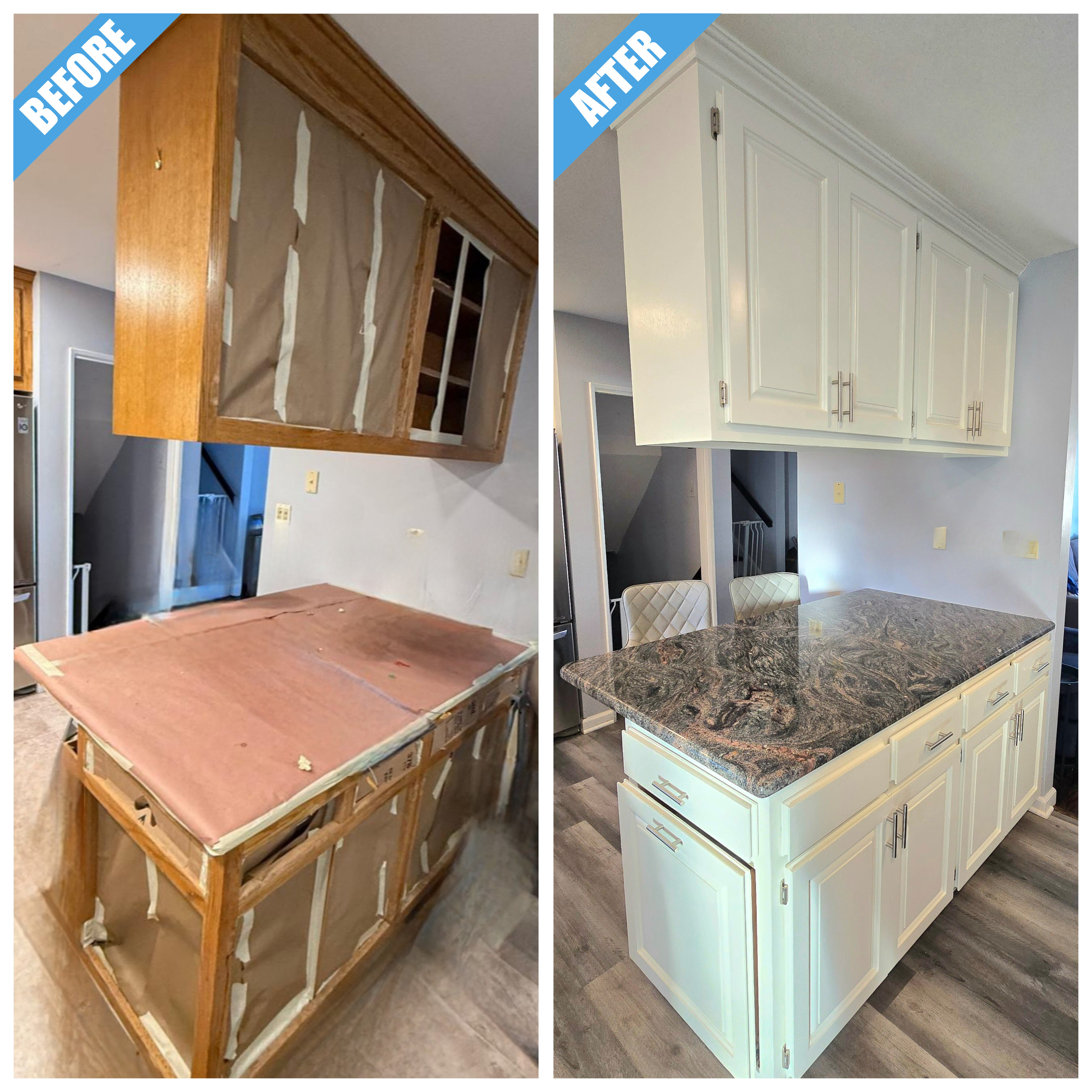Before and after of a kitchen remodel in Massapequa Park, NY: wood island and wall cabinets painted white, with a granite island top