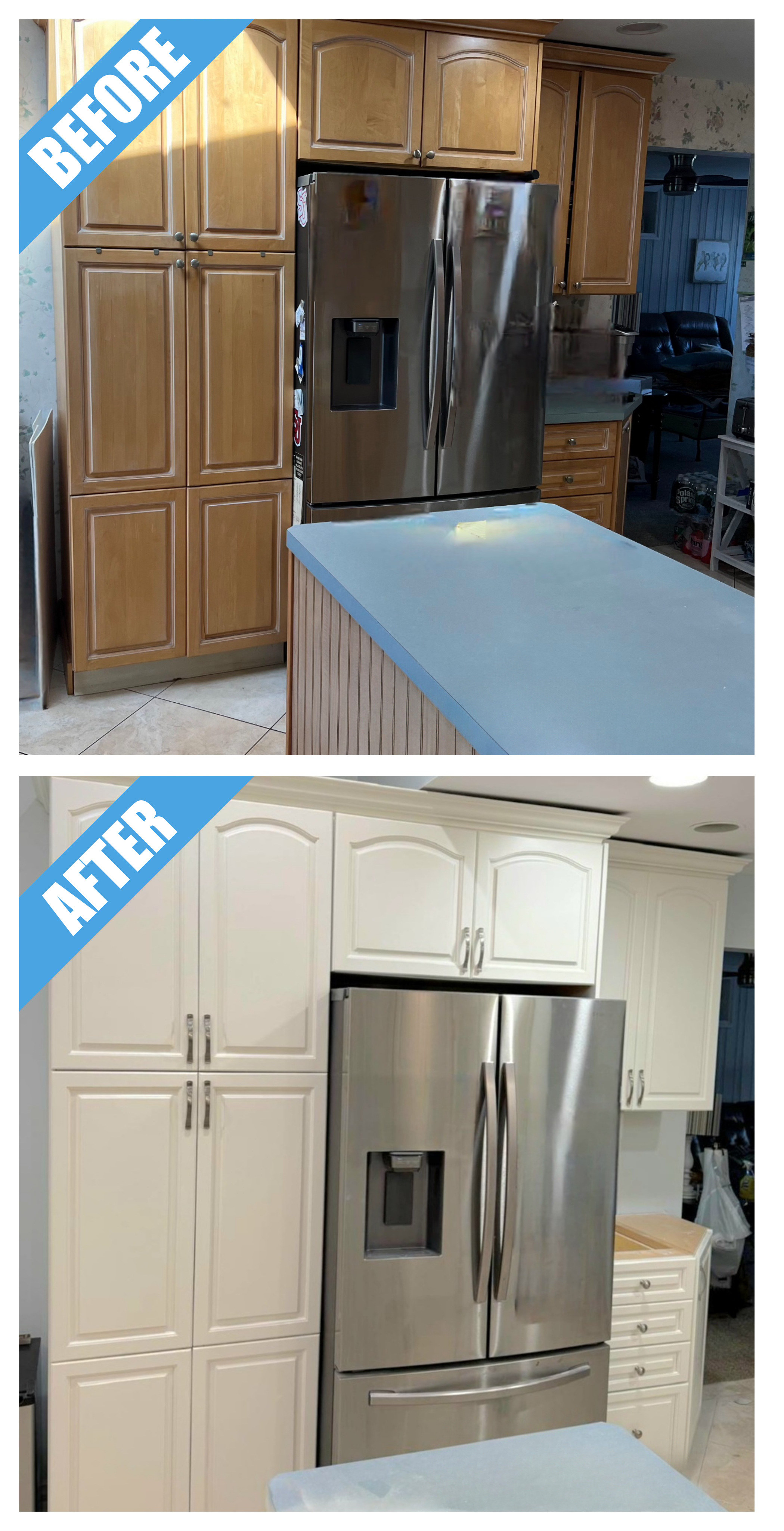 Before and after of a kitchen remodel in East Meadow, NY: wood cabinets around the fridge painted white