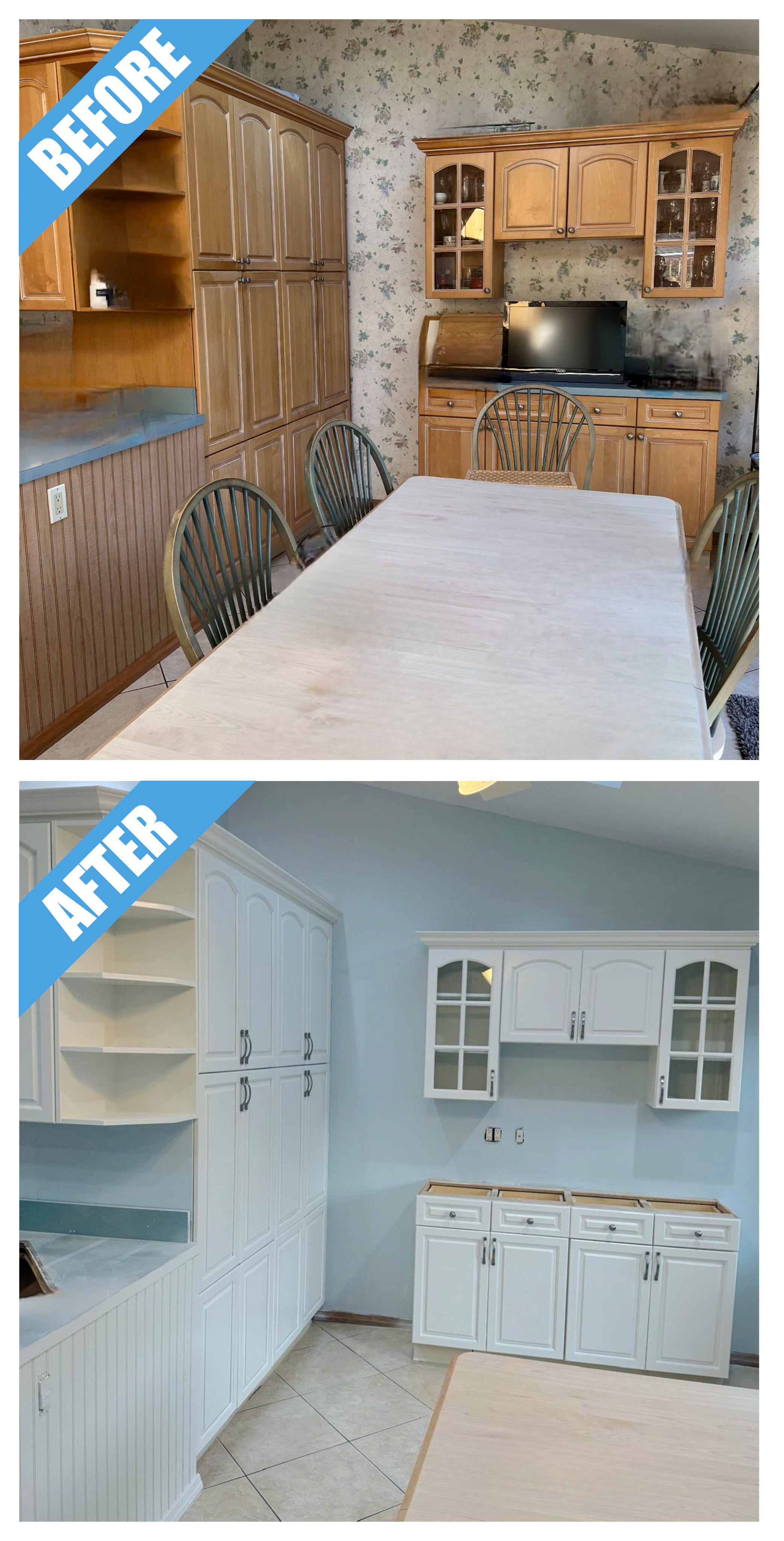 Before and after of a kitchen remodel in East Meadow, NY: wood cabinets and hutch painted white, wallpaper replaced by pale blue paint