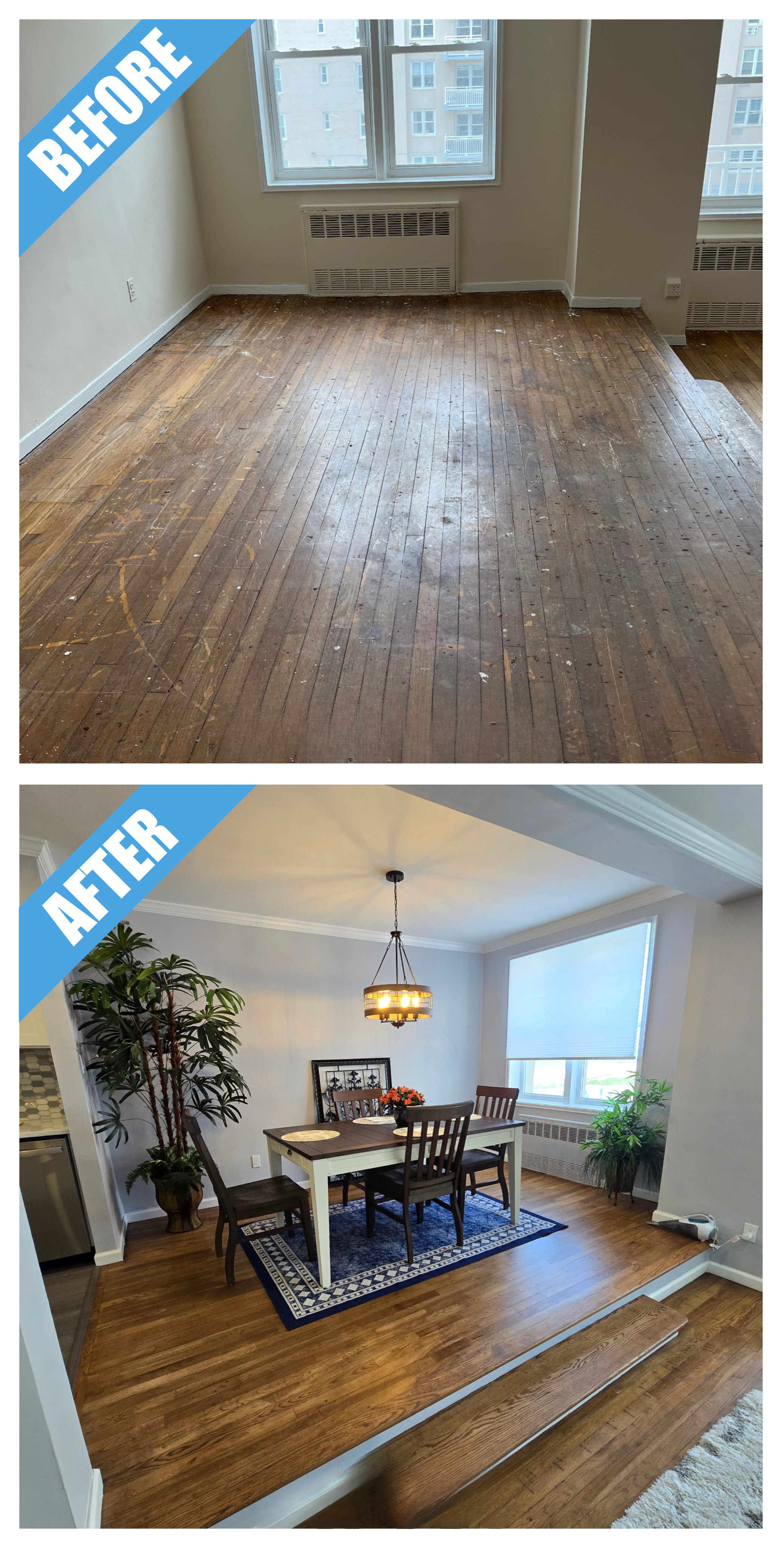 Dining room remodel in Long Beach, NY: a refinished hardwood floor where the old one was worn