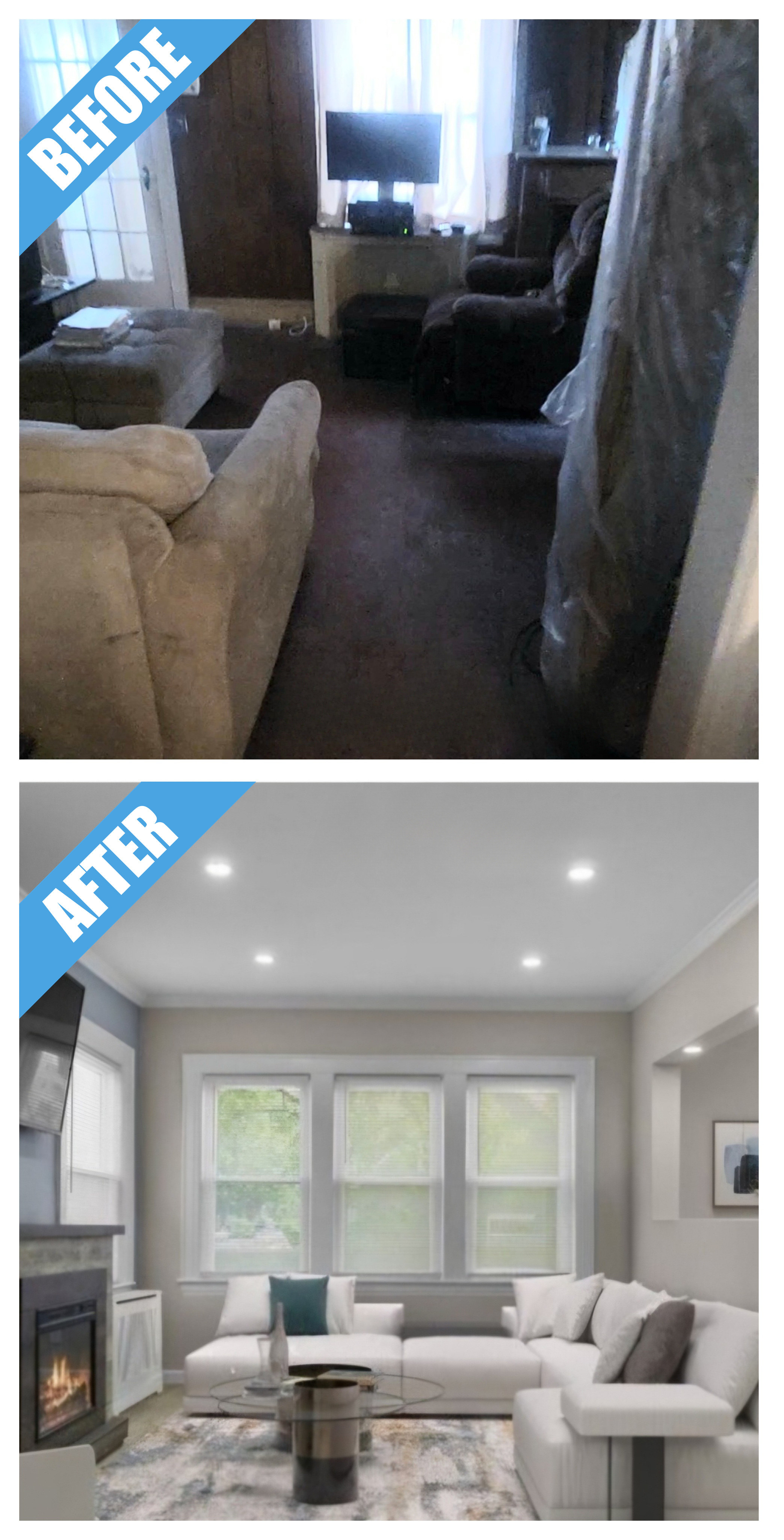 Living room remodel in Queens, NY: crown molding where the walls meet the ceiling