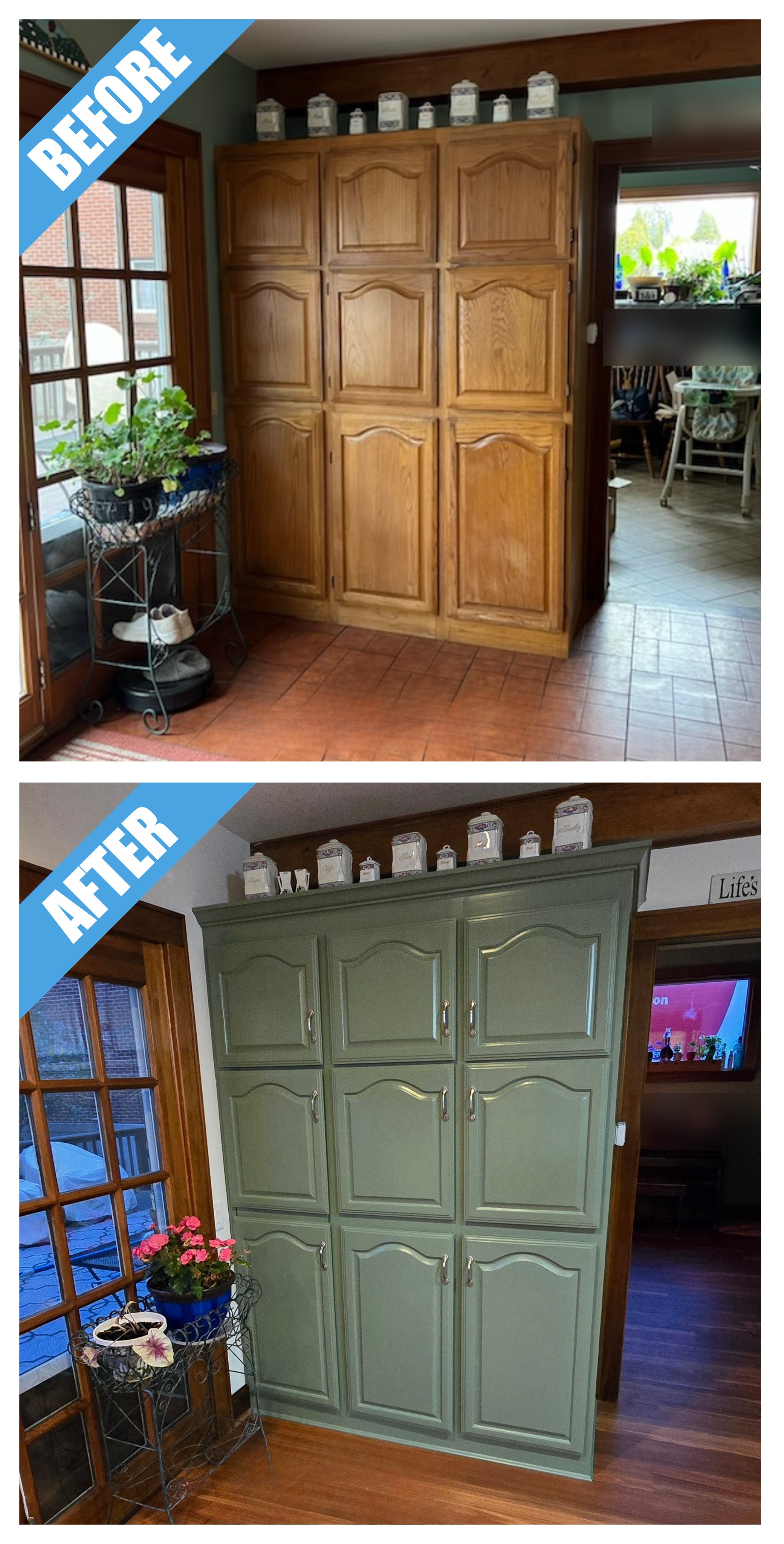 Kitchen remodel in Floral Park, NY: a tall wood pantry cabinet, now refinished in sage green