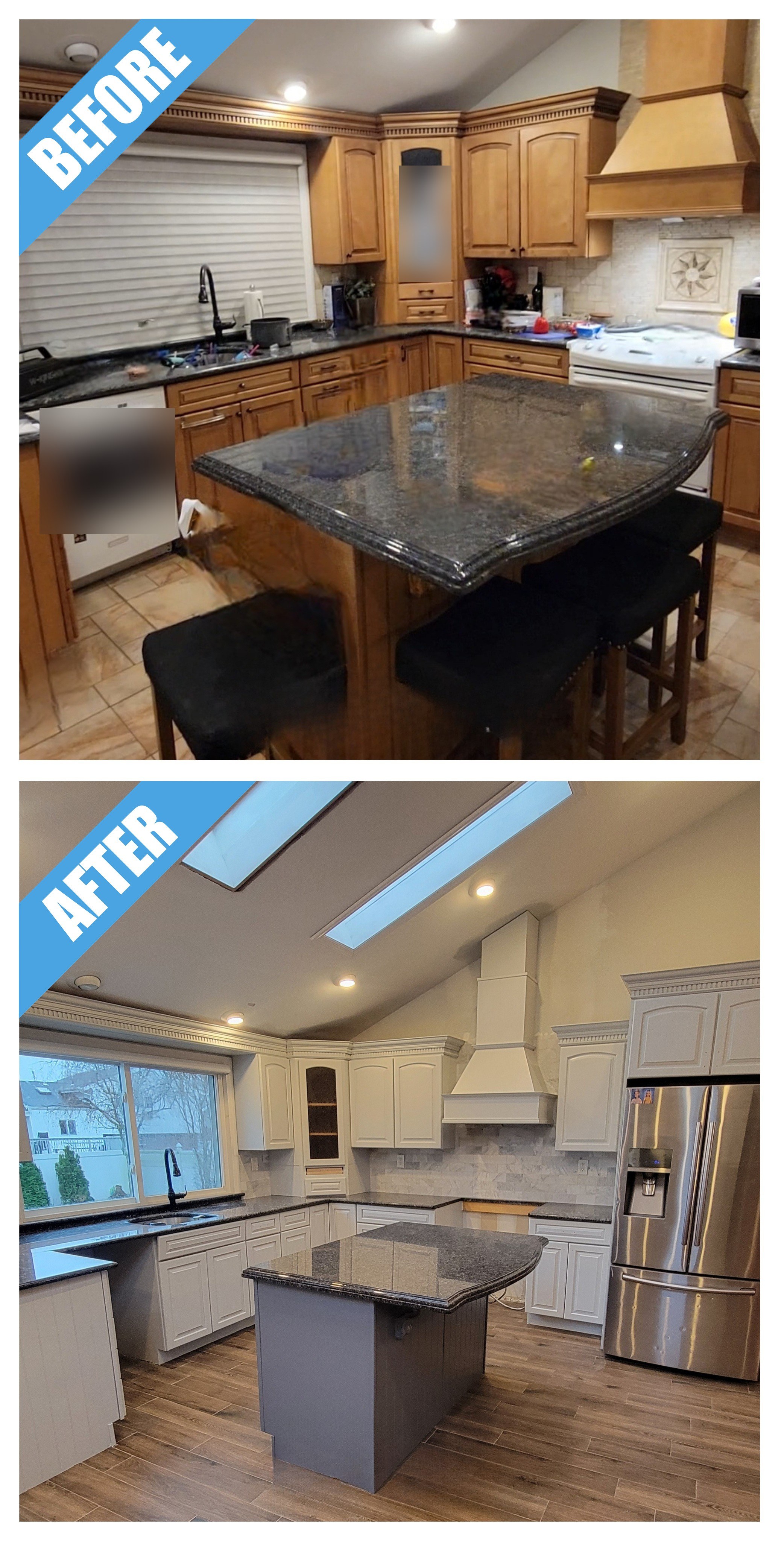 Kitchen remodel in Merrick, NY: wood cabinets refinished in cream, under a vaulted ceiling with skylights