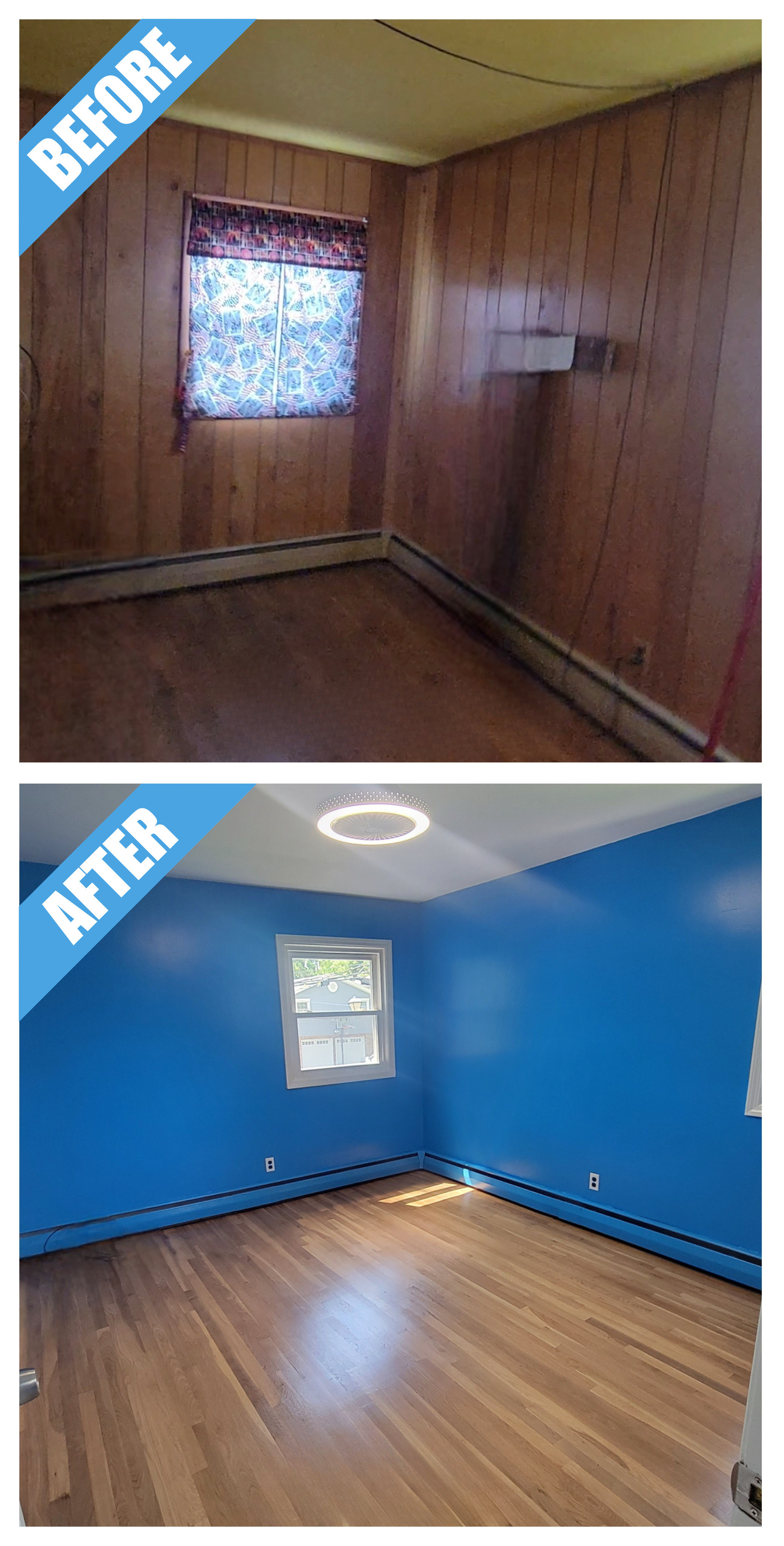 Bedroom remodel in Port Washington, NY: bright blue paint over the old wood-paneled walls
