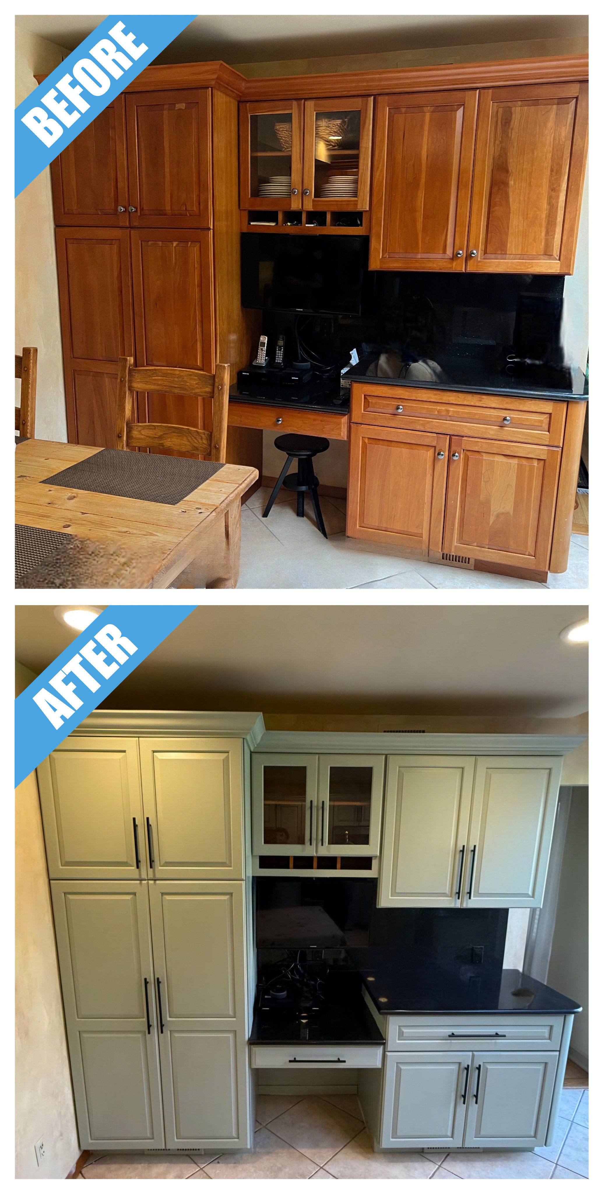 Kitchen remodel in Upper Brookville, NY: sage green on the once cherry-colored pantry cabinets and built-in desk