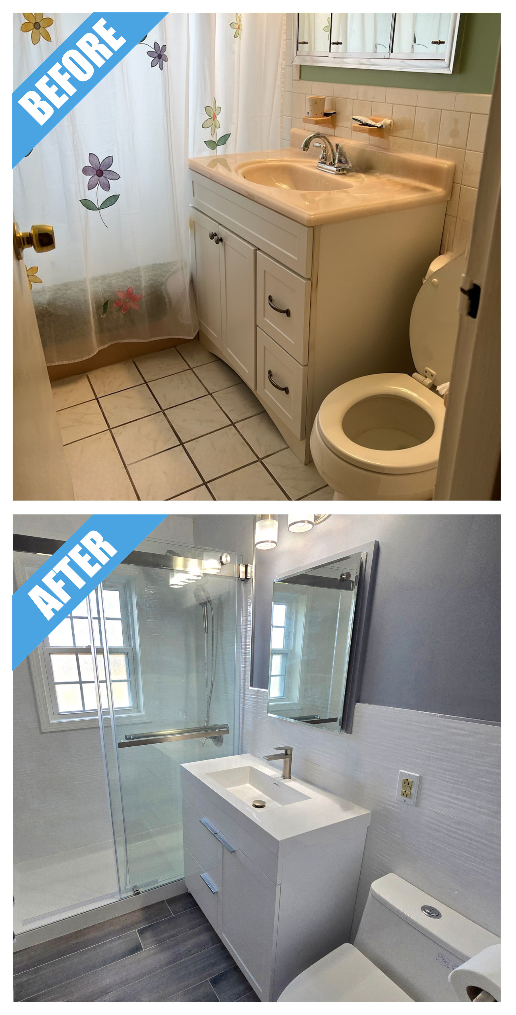 Bathroom remodel in Hicksville, NY: a vanity and a glass shower