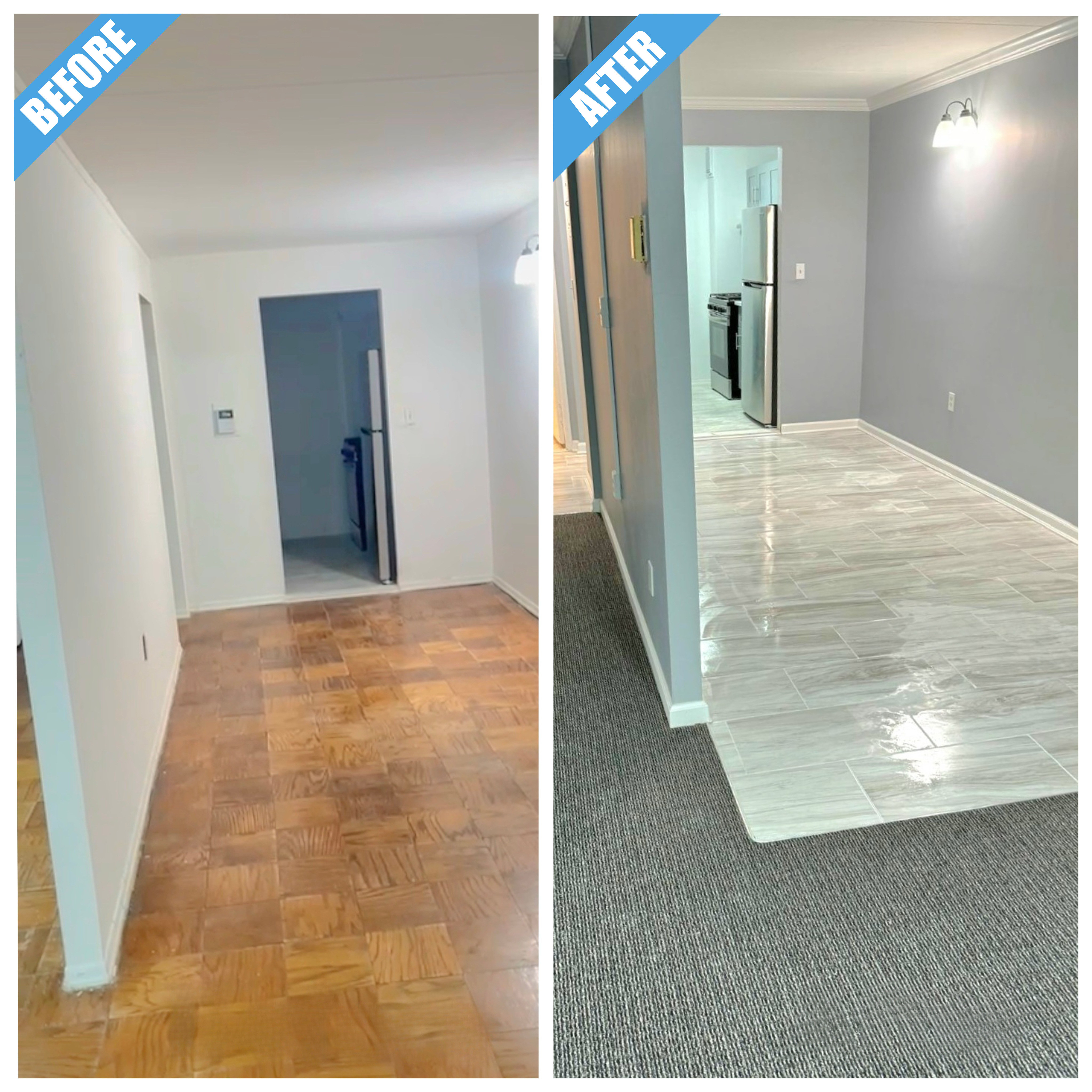 Before and after of a foyer remodel in Mineola, NY: parquet replaced by gray plank-look tile, with gray walls and crown molding