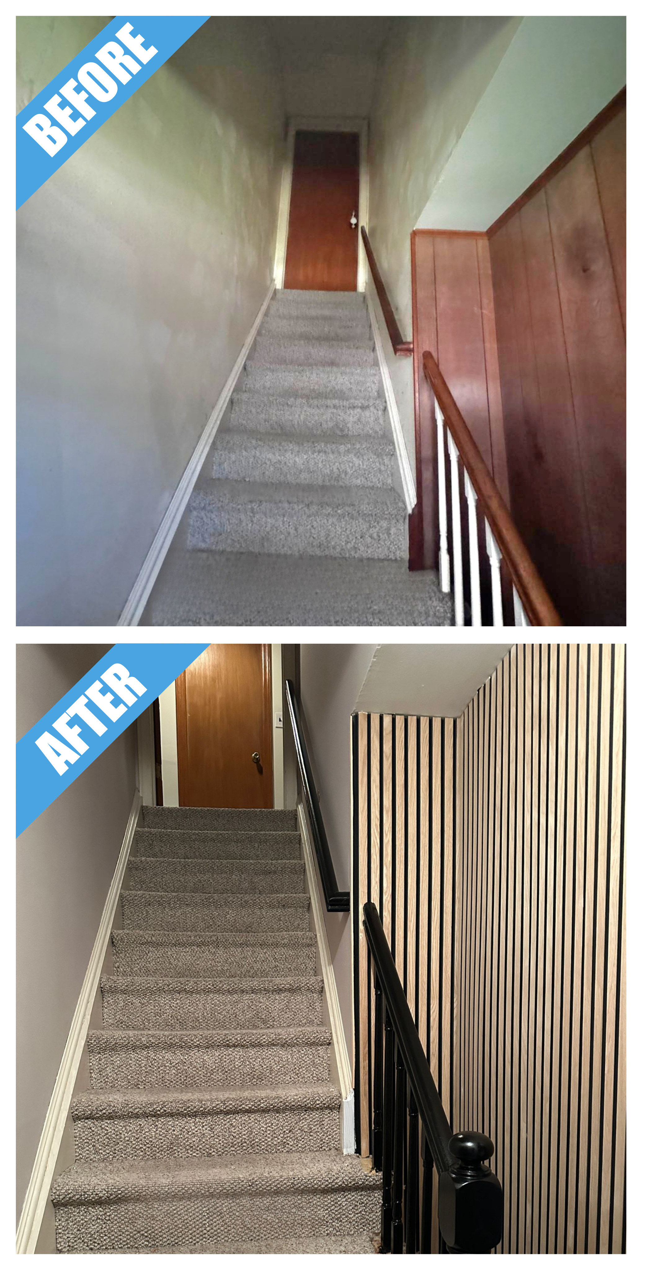 Before and after of a staircase remodel in Farmingdale, NY: wood-paneled stair wall replaced by a slat accent wall and black railing