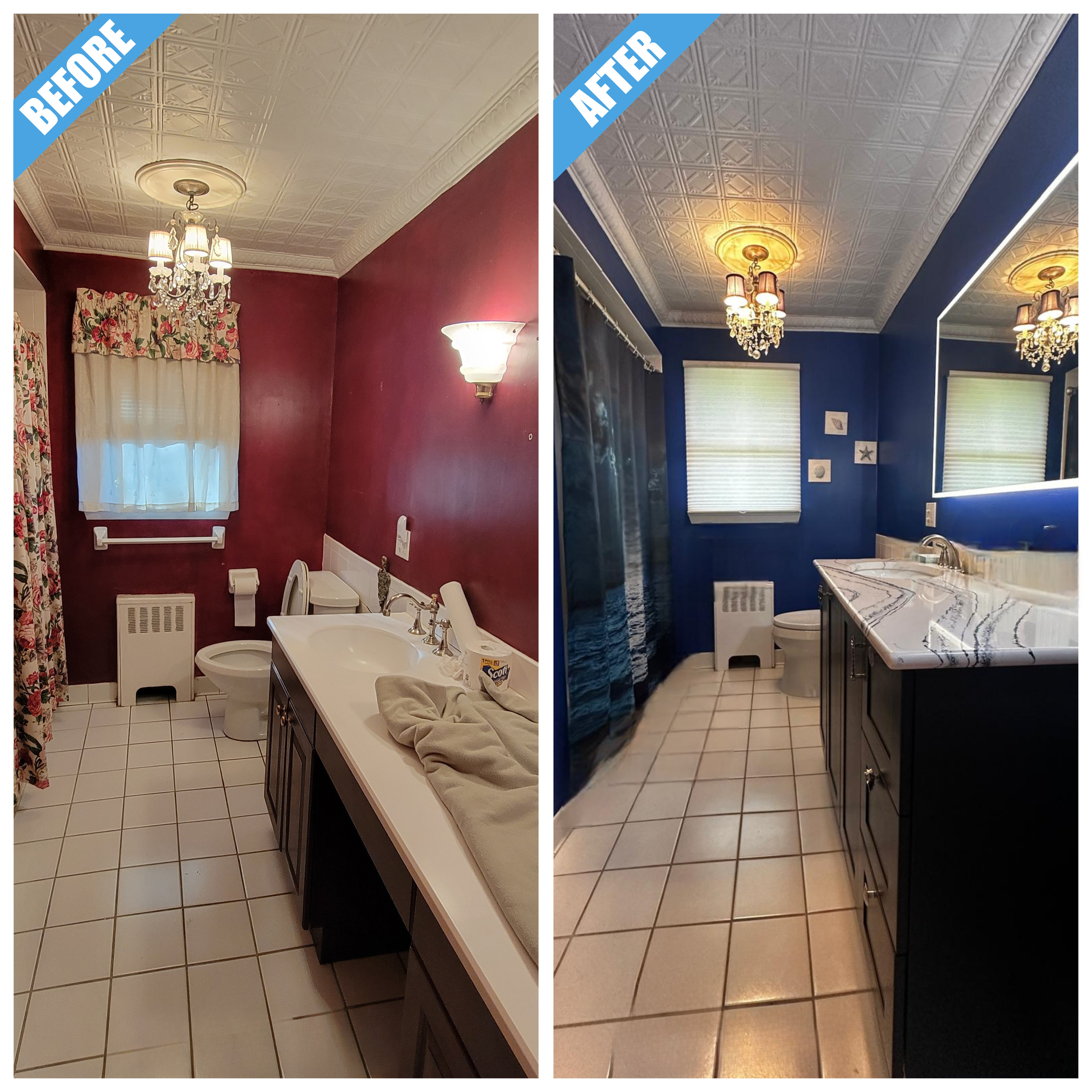 Before and after of a bathroom remodel in Wantagh, NY: red walls repainted navy blue, with a dark vanity and marble-look counter