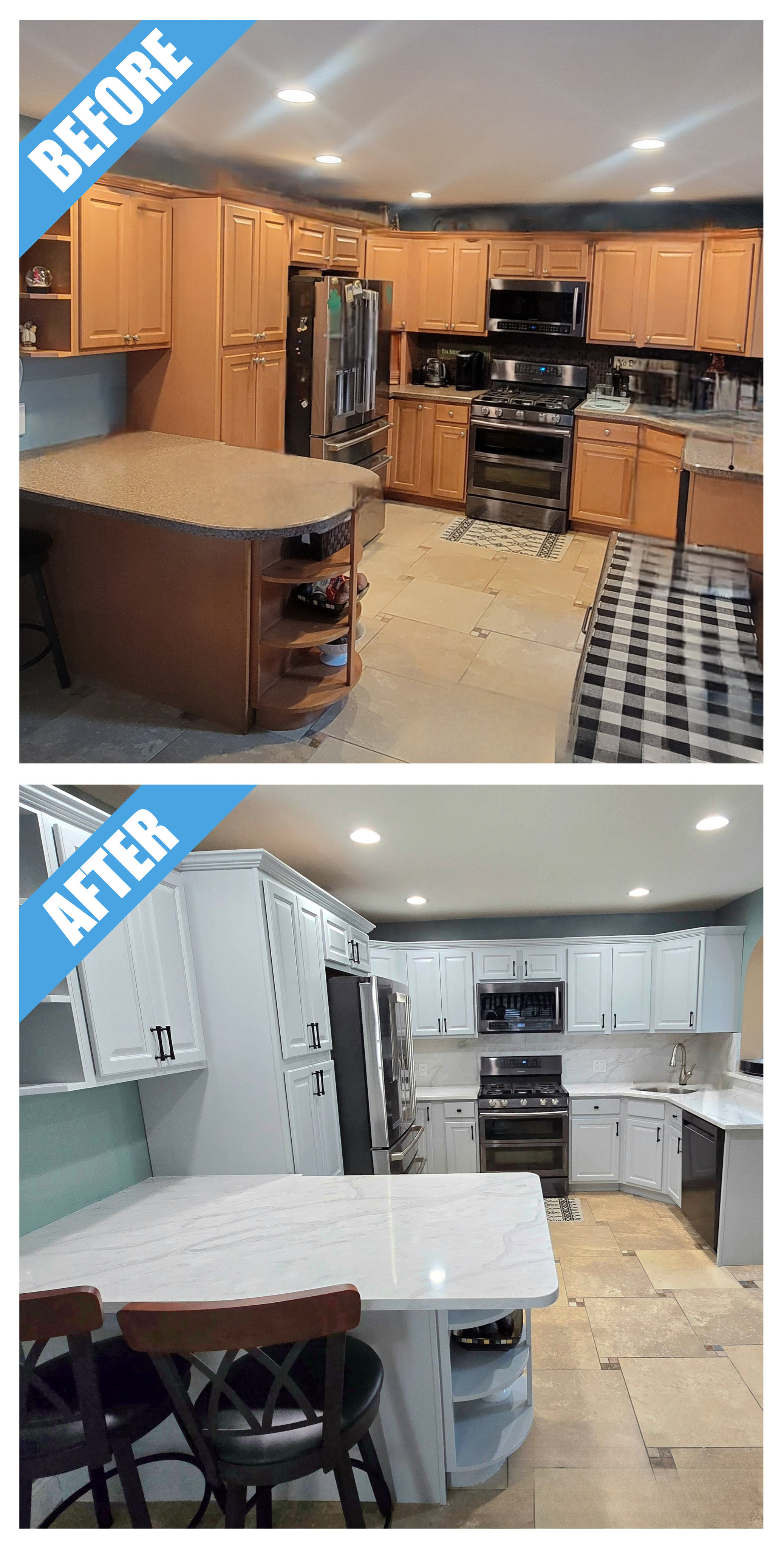 Kitchen remodel in North Merrick, NY: white-painted wood cabinets and a marble-look top on the curved island