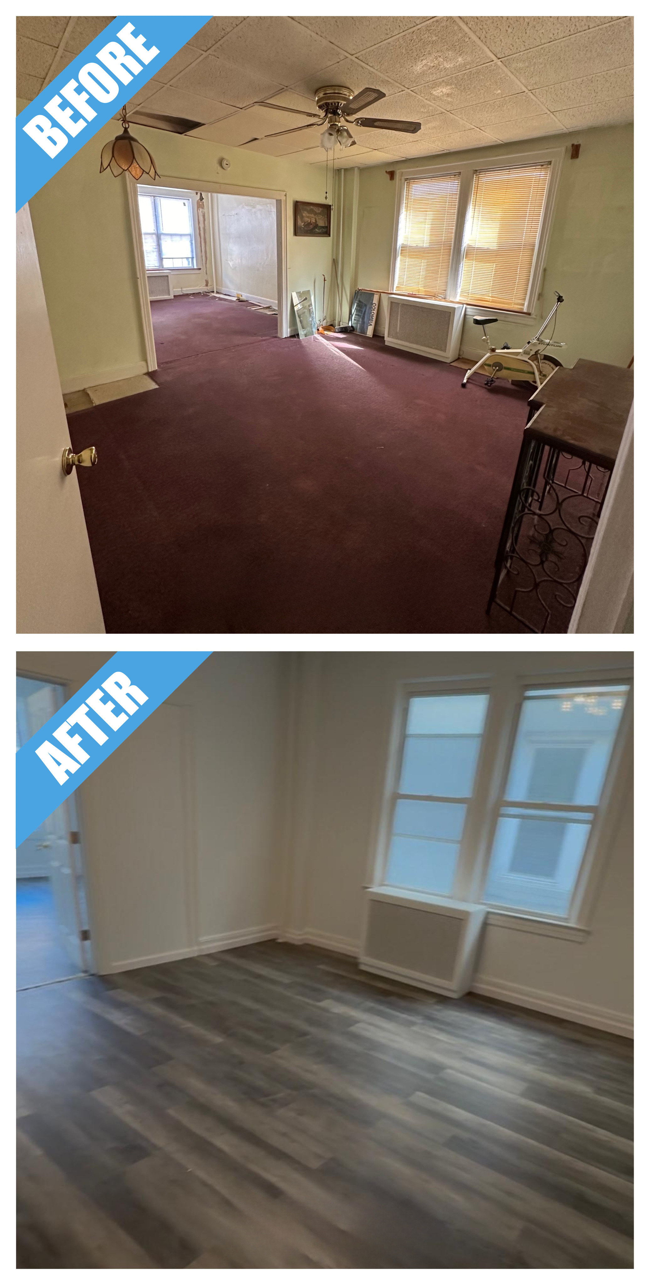 Interior remodel in Astoria, Queens, NY: gray vinyl plank in place of red carpet, and fresh white paint