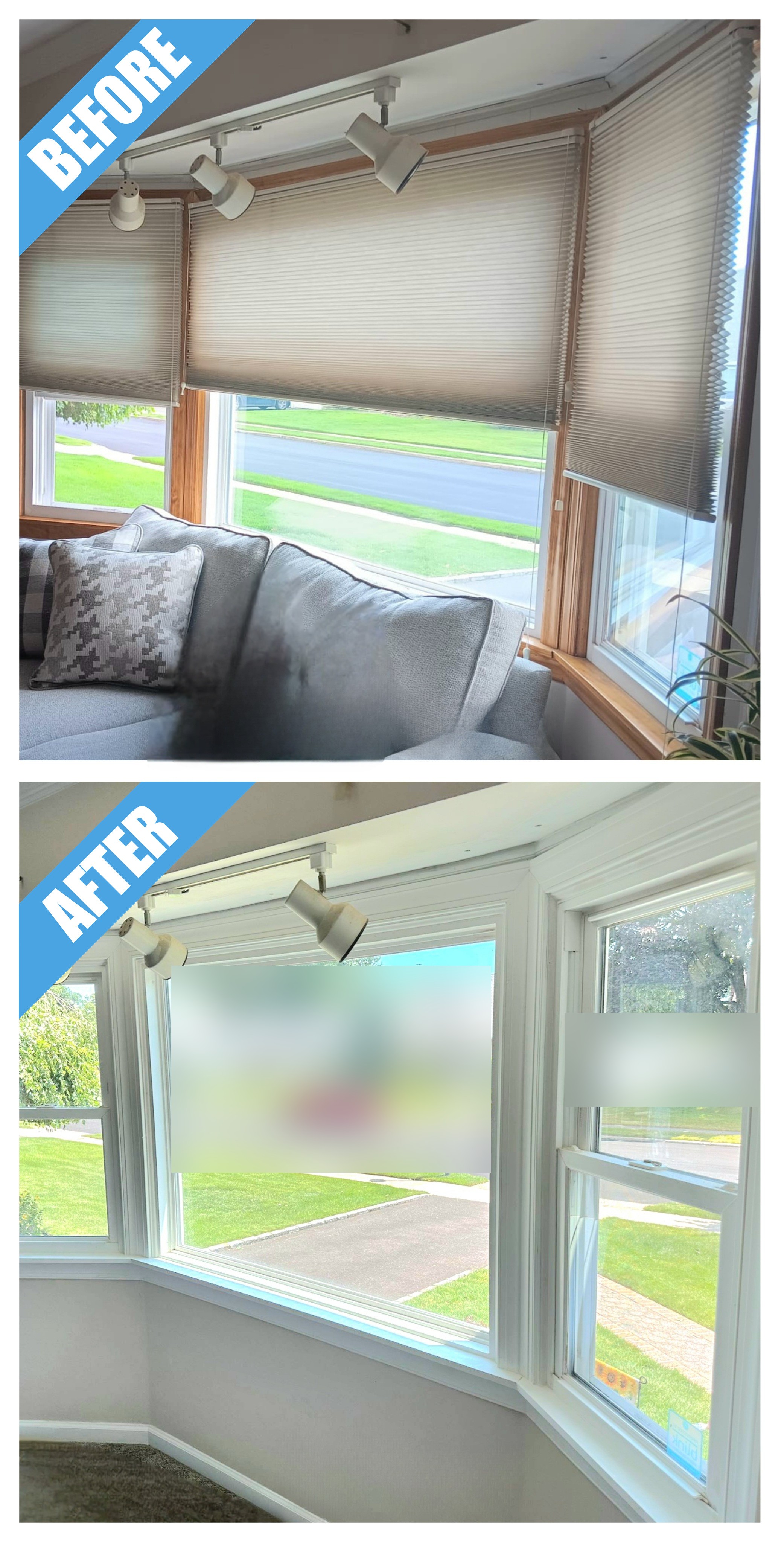 Before and after of a living room remodel in Seaford, NY: bay window with the wood trim changed to white
