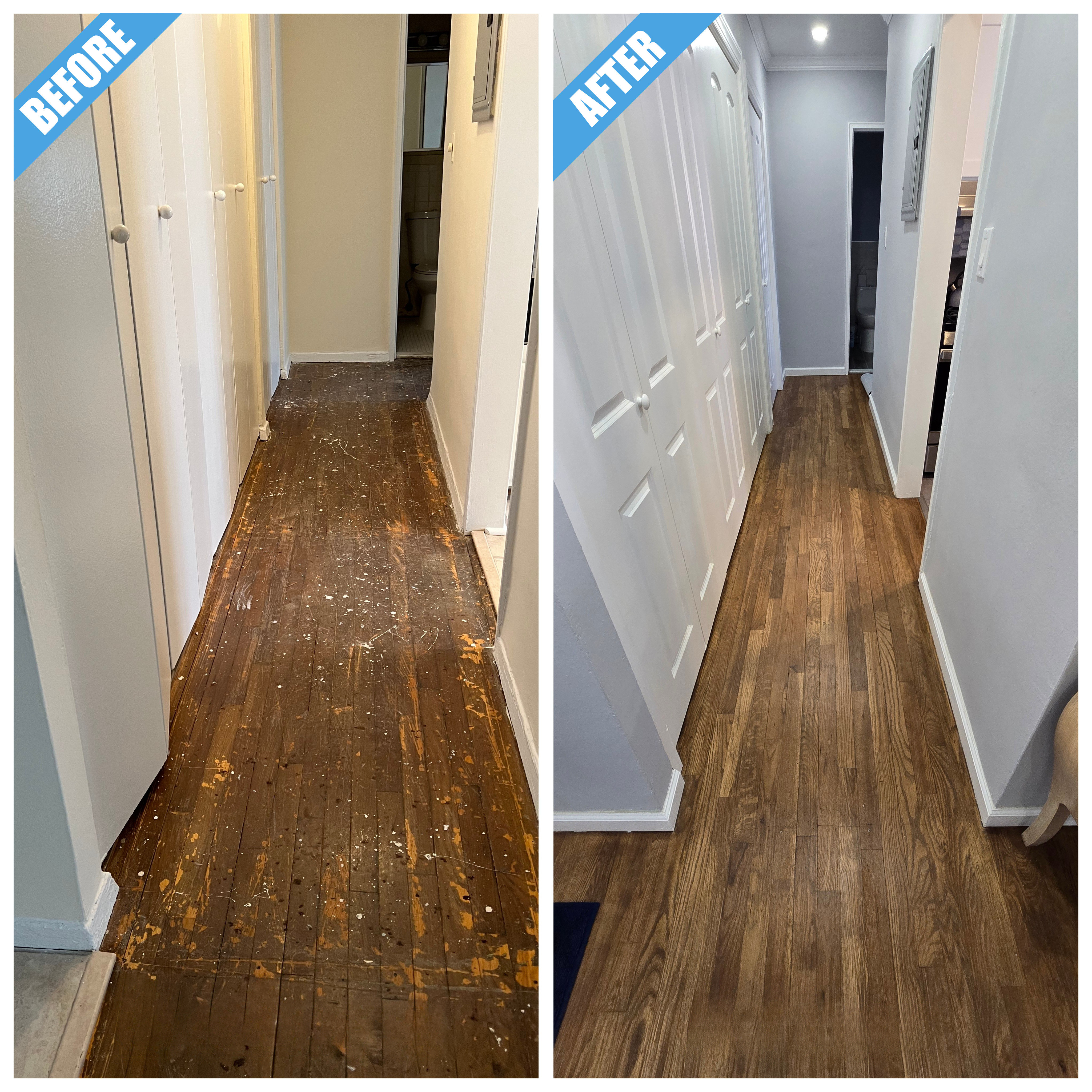 Before and after of a hallway remodel in Long Beach, NY: paint-splattered wood floor refinished, beside white closet doors