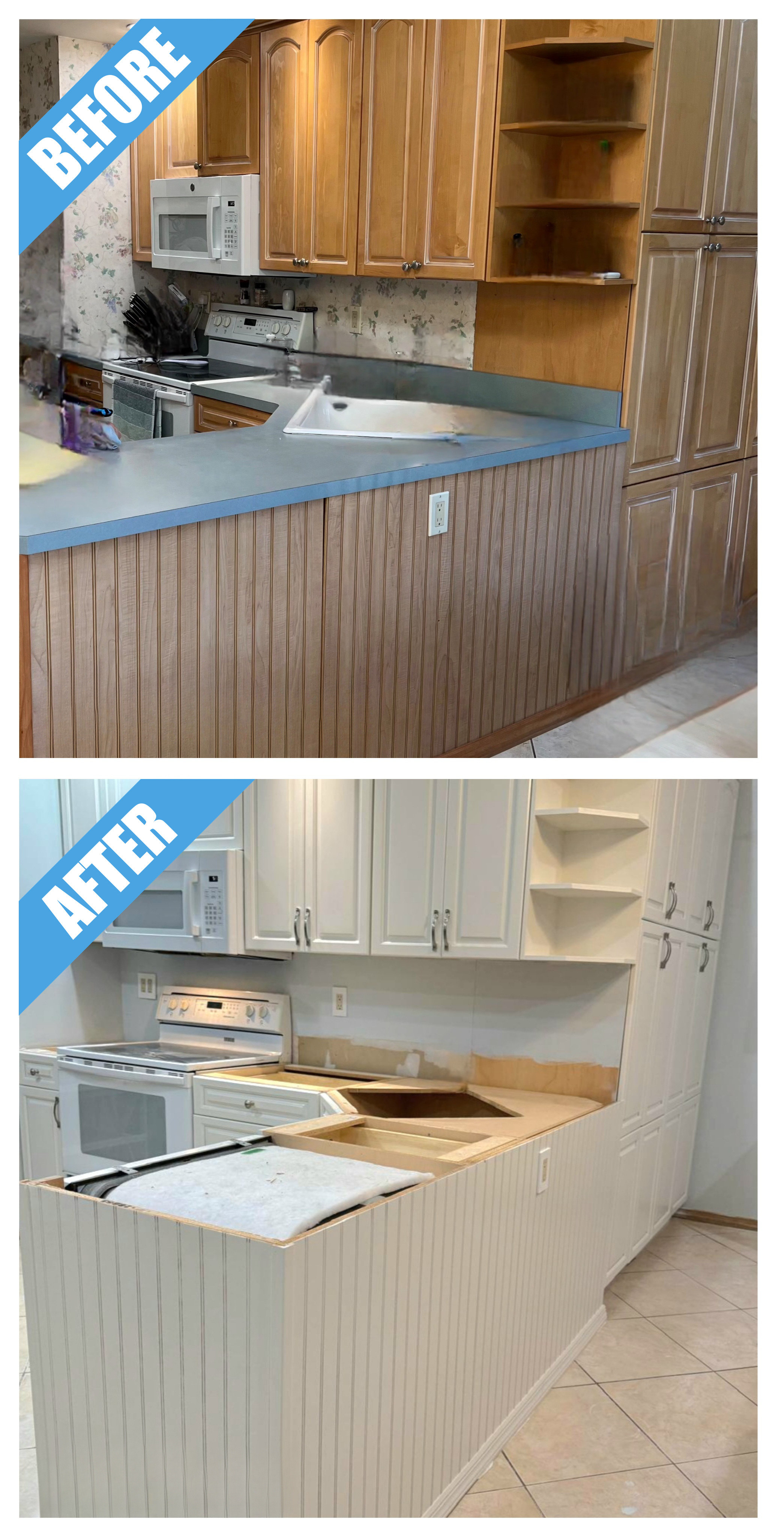Before and after of a kitchen remodel in East Meadow, NY: wood cabinets and beadboard peninsula painted white, with the counter still off