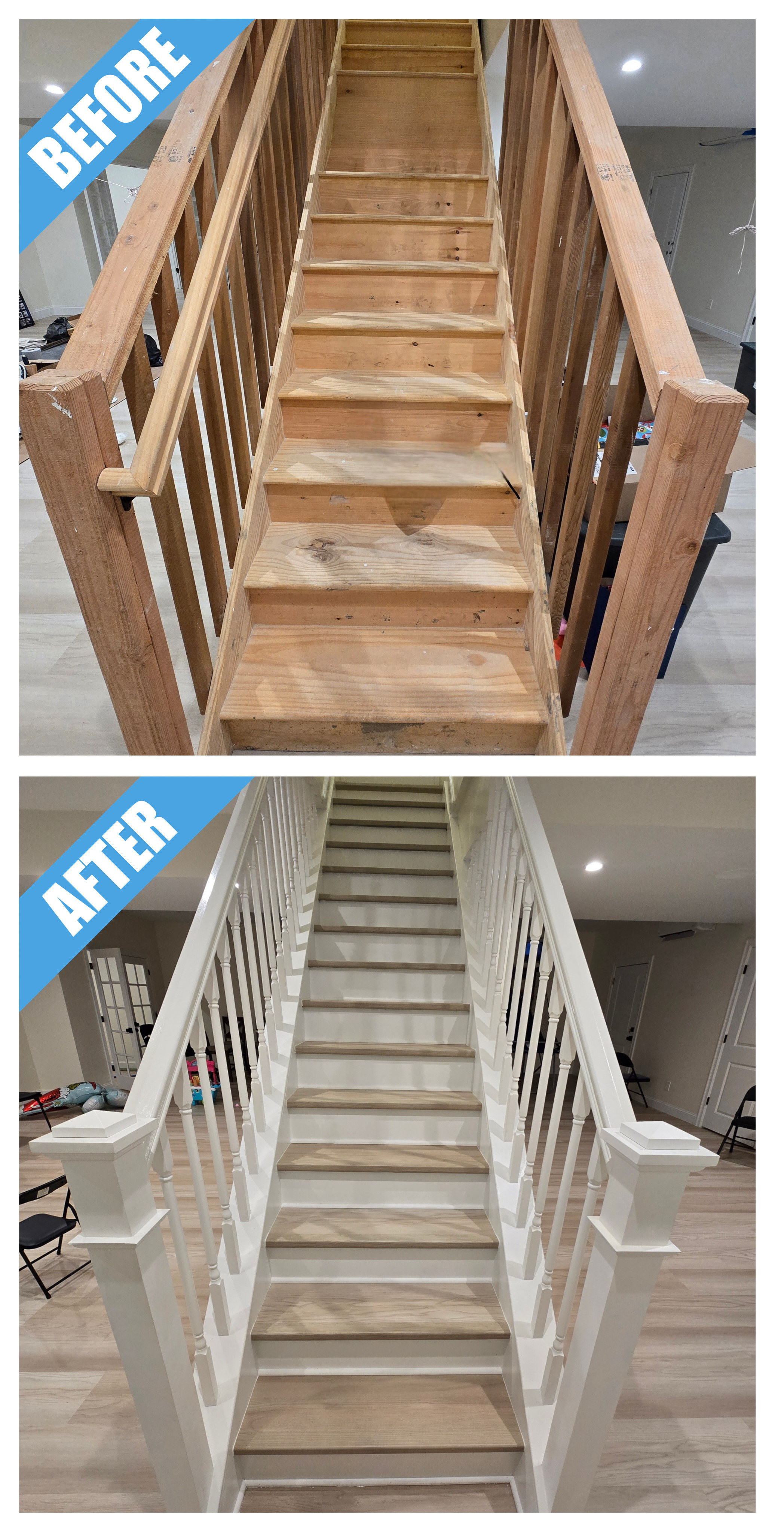 Before and after of a basement staircase remodel in Plainview, NY: raw wood stairs finished with white risers and a white railing and spindles
