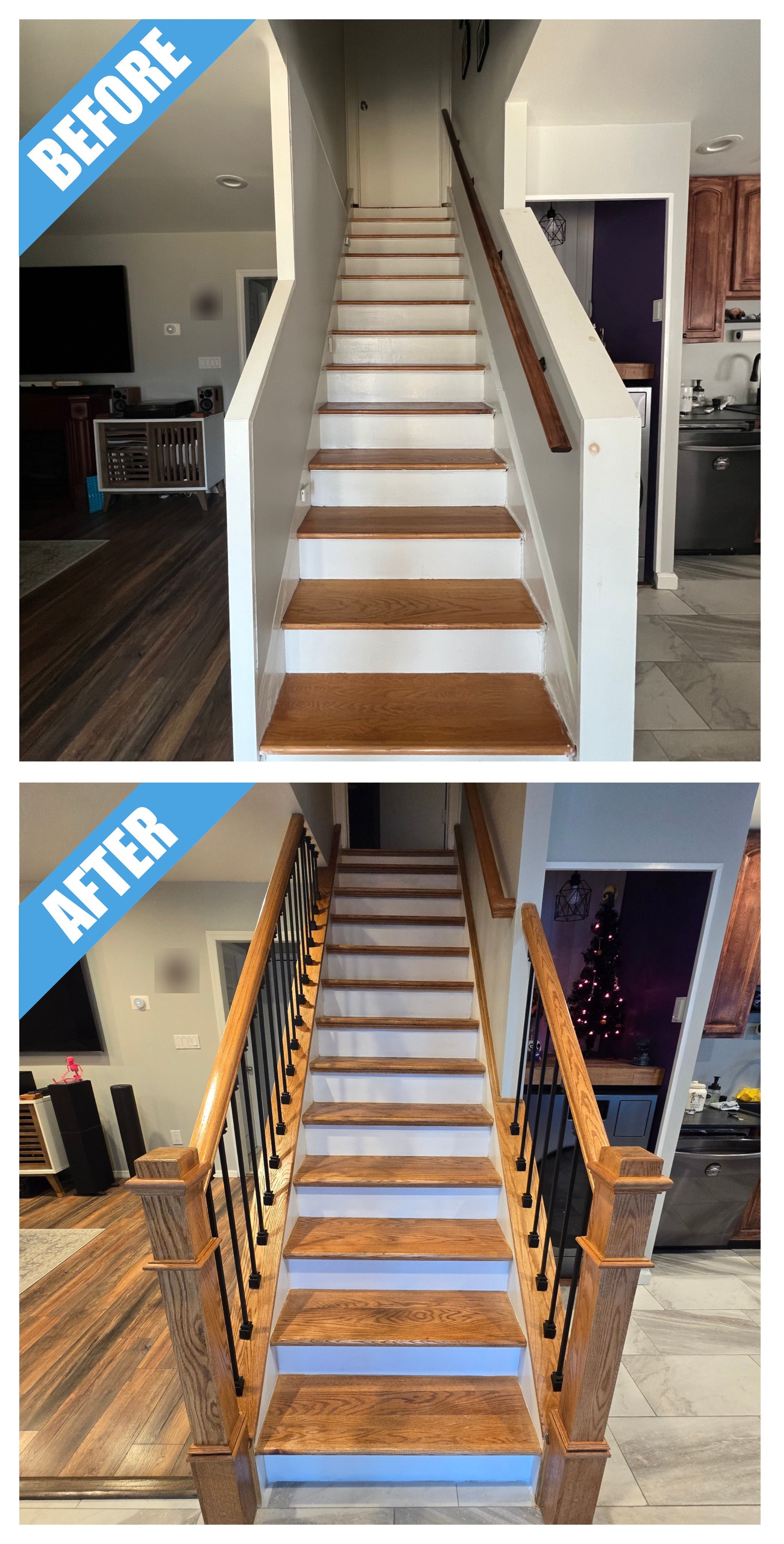Before and after of a staircase remodel in Levittown, NY: closed stairwell opened up with wood railings, newel posts and black spindles