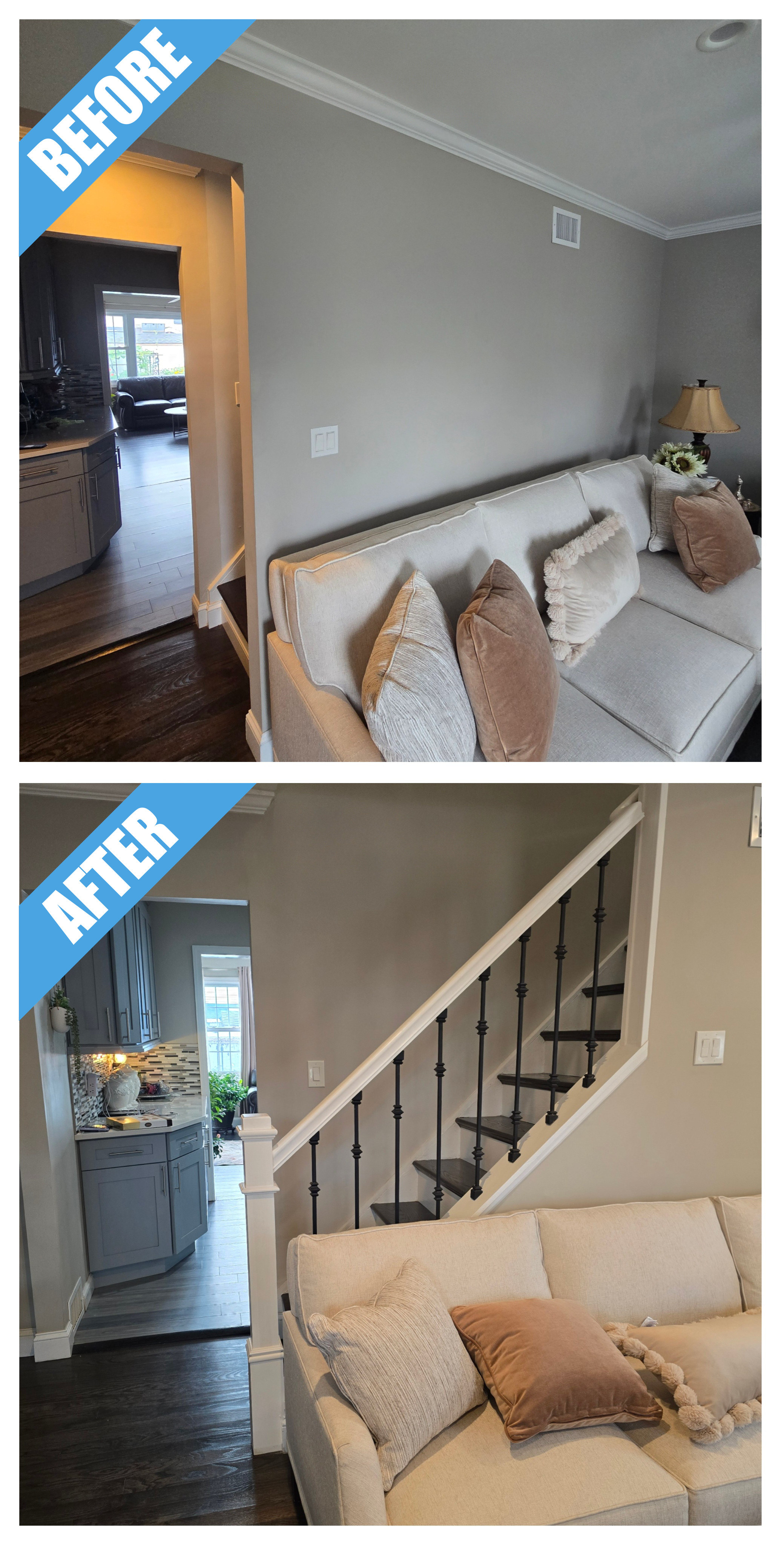 Before and after of a staircase remodel in Hicksville, NY: solid wall opened up to the stairs, with a white railing and black metal spindles