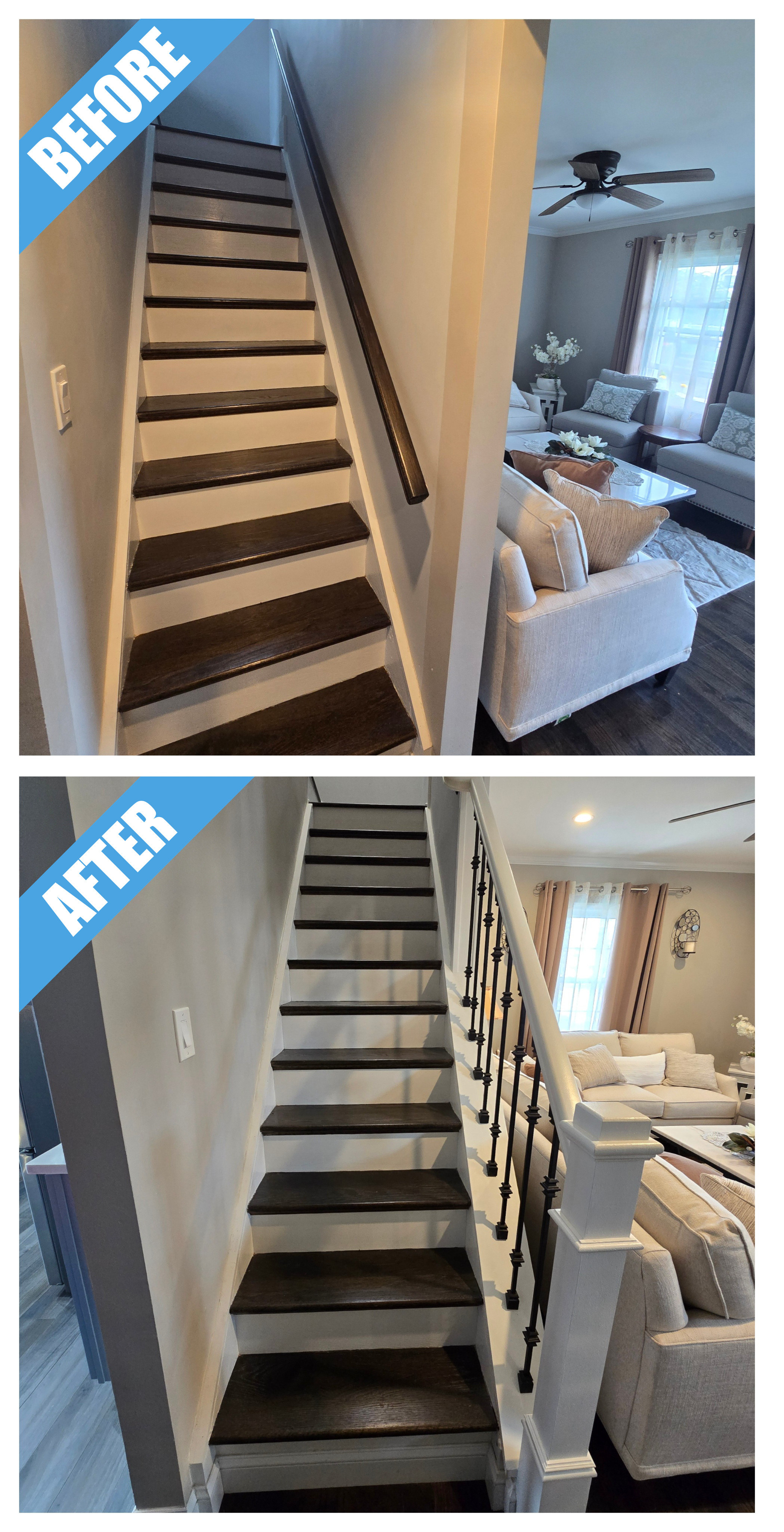 Before and after of a staircase remodel in Hicksville, NY: stair wall opened up with black metal spindles, dark treads and white risers