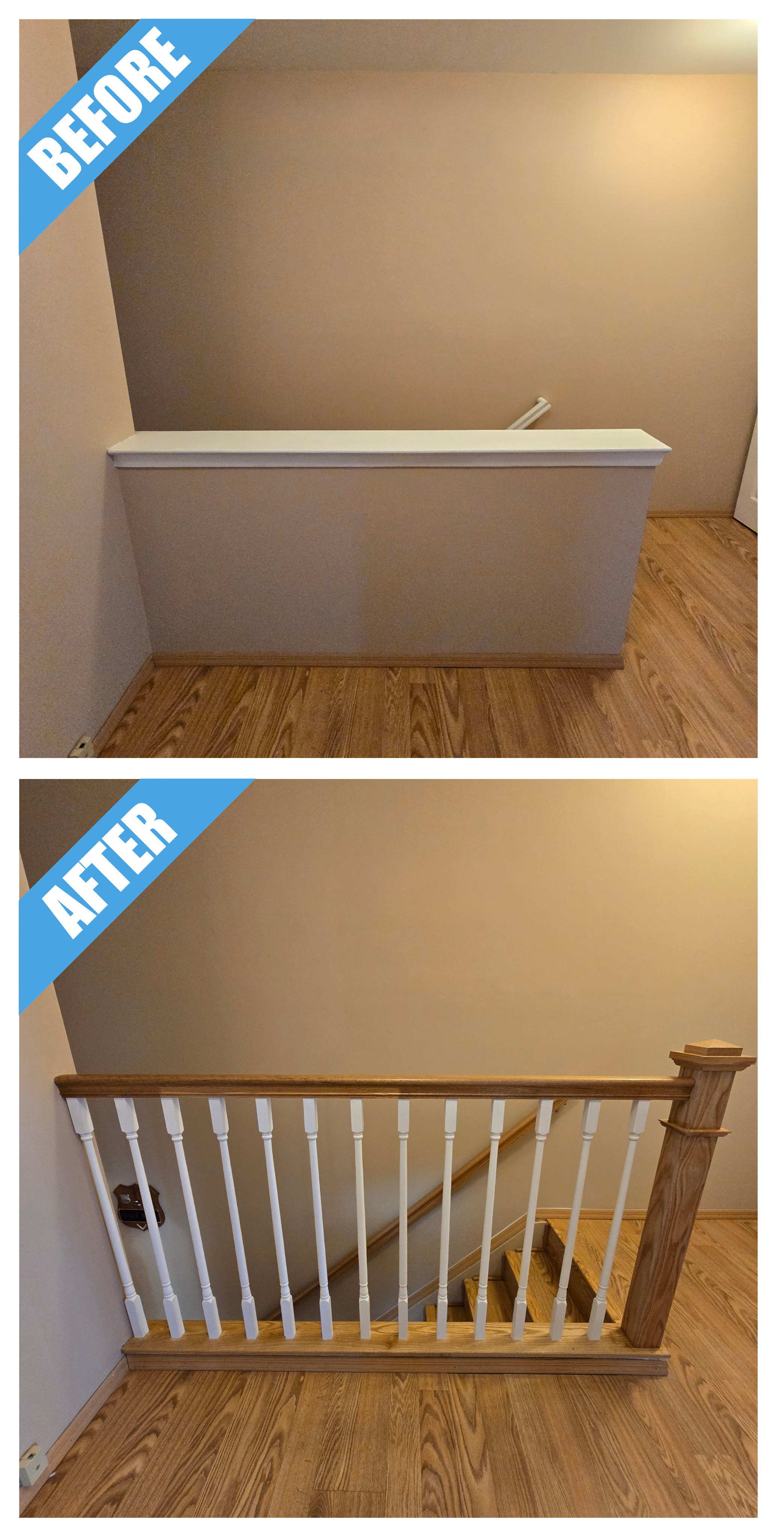 Before and after of a staircase remodel in East Meadow, NY: half wall at the top of the stairs replaced by a wood railing with white spindles