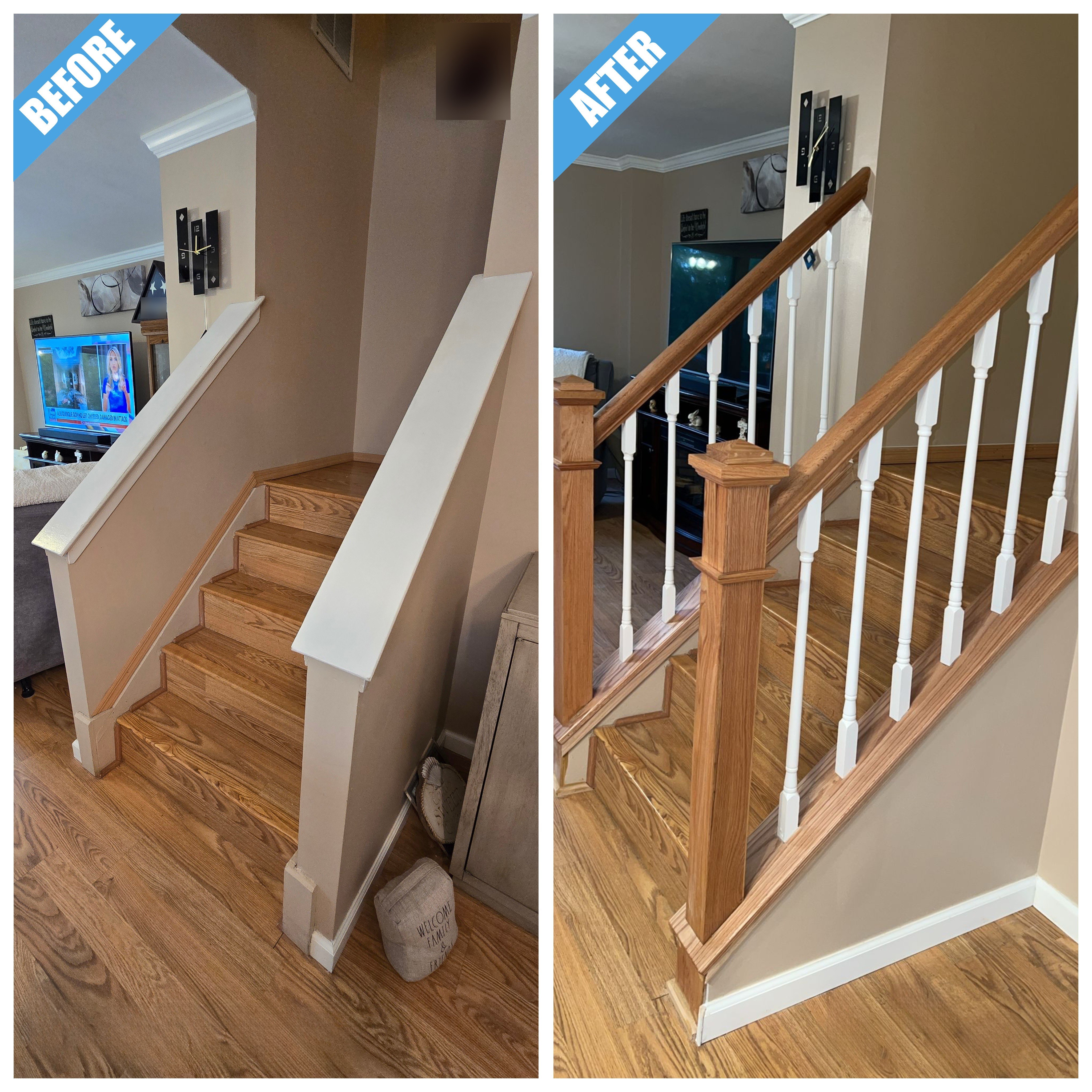 Before and after of a staircase remodel in East Meadow, NY: white half walls replaced by a wood handrail, wood newel posts and white spindles