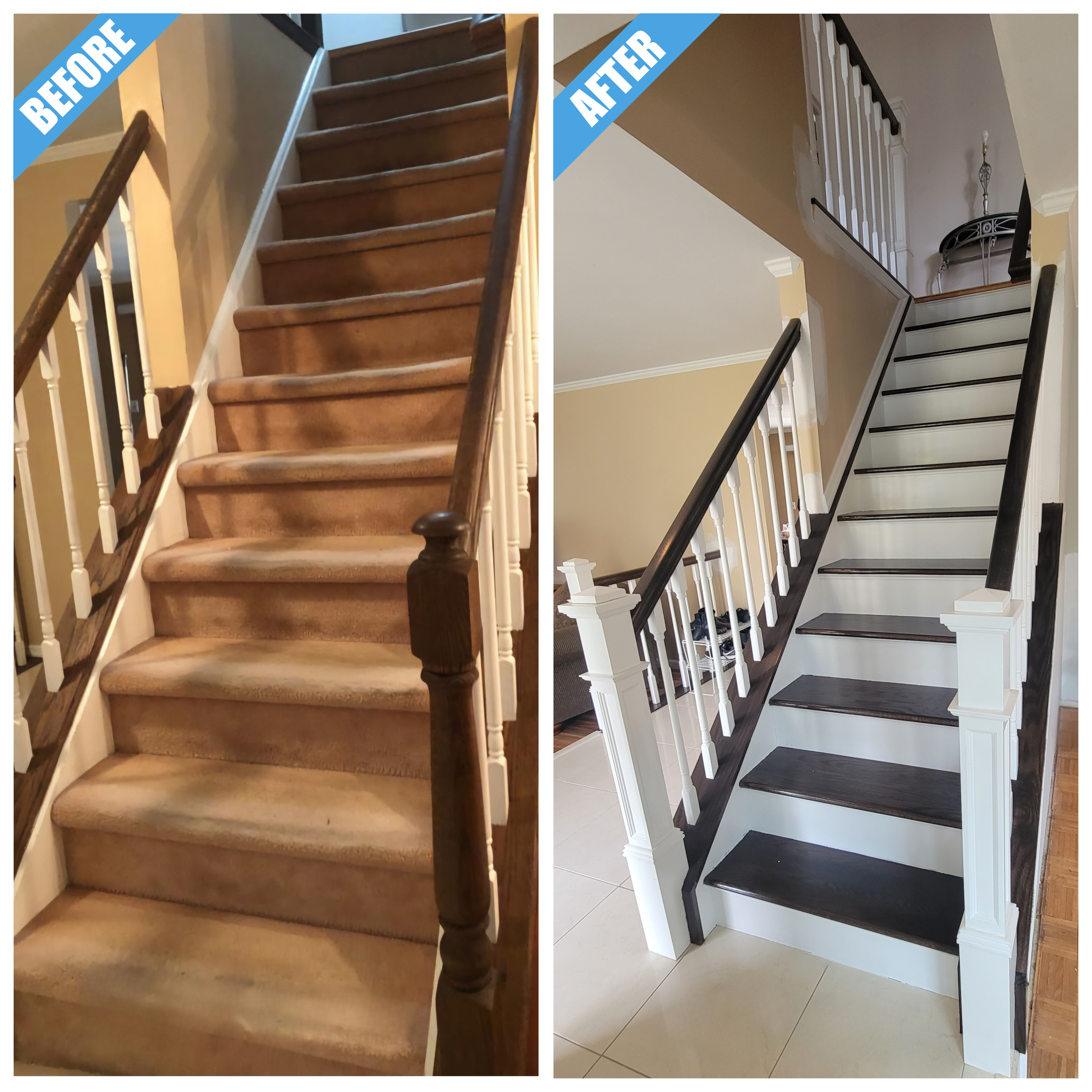 Before and after of a staircase remodel in Smithtown, NY: carpeted stairs replaced by dark stained treads, white risers and a white railing