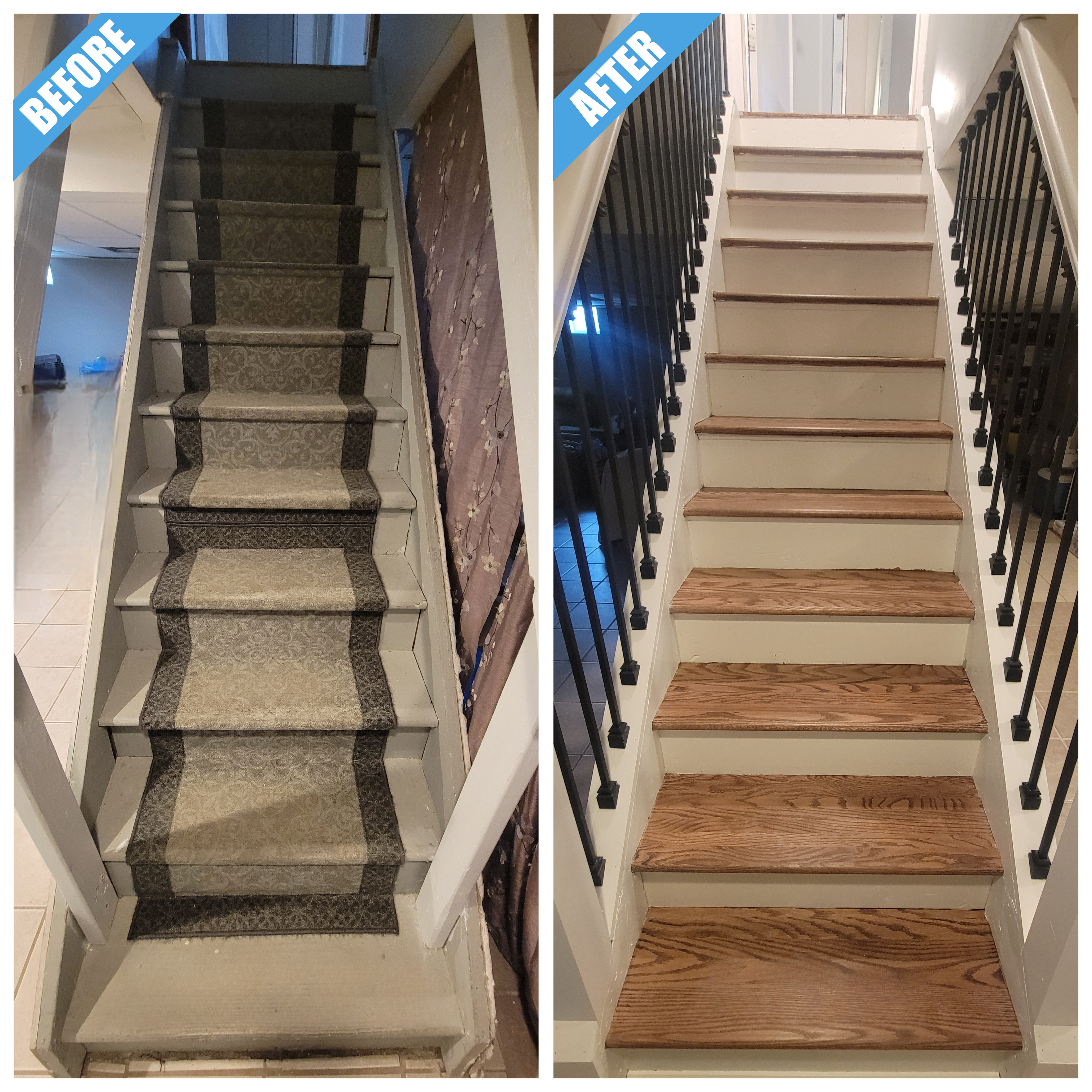 Before and after of a basement staircase remodel in East Meadow, NY: carpet runner replaced by wood treads and black metal spindles