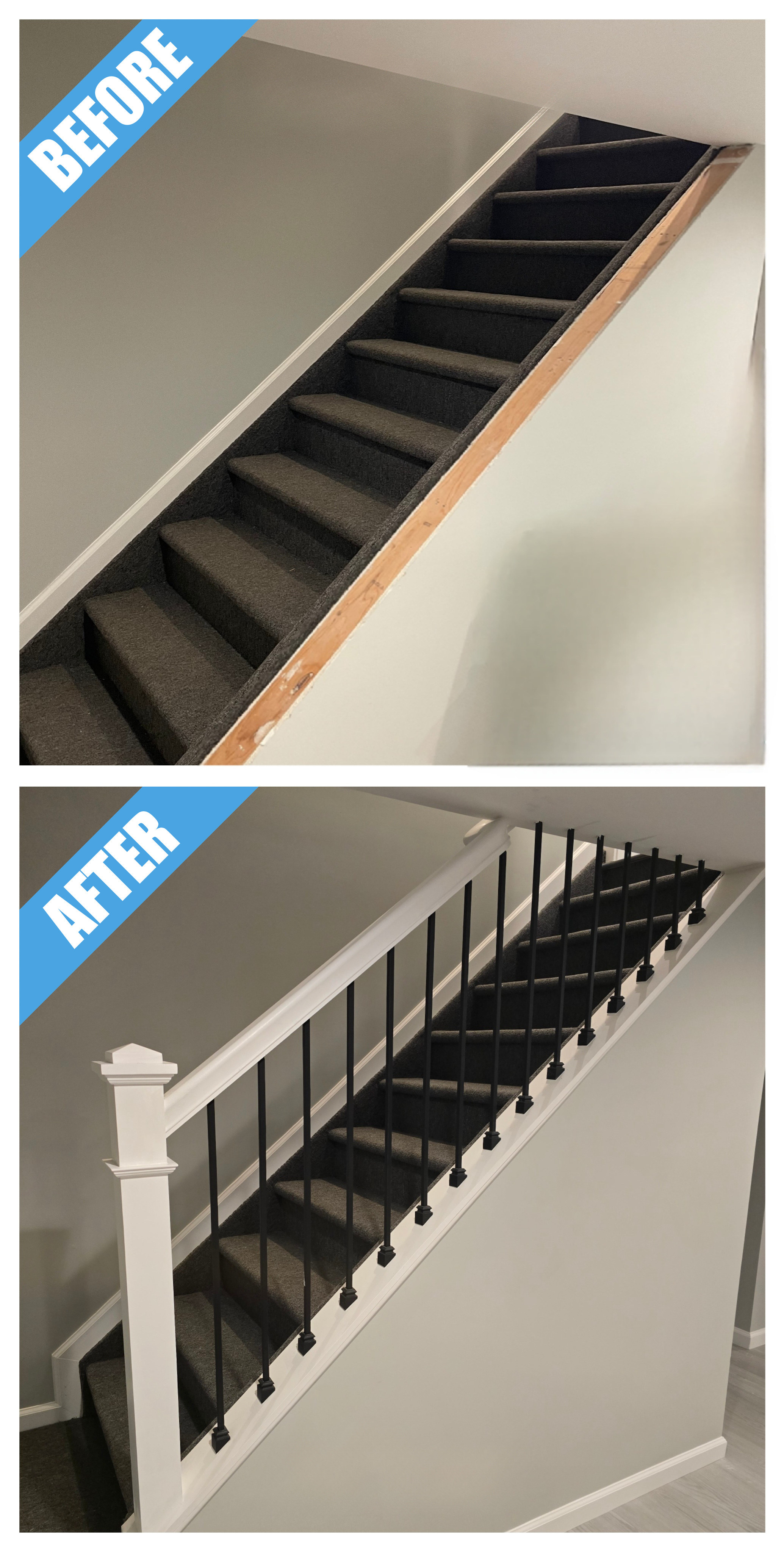 Basement staircase remodel in Old Bethpage, NY: carpeted stairs given a white railing with black metal spindles