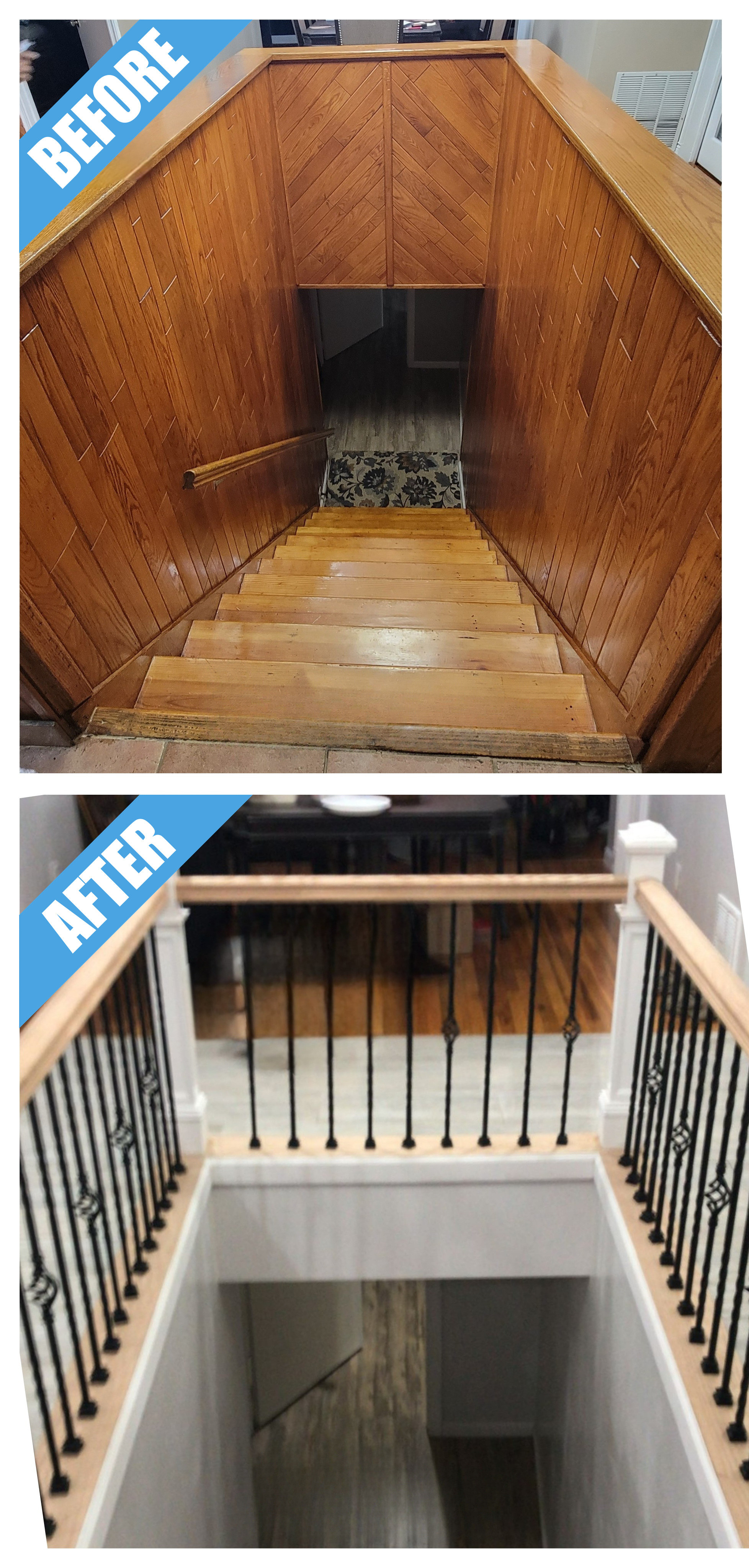 Before and after of a basement staircase remodel in Levittown, NY: wood-paneled stairwell opened up with a wooden handrail and black spindles