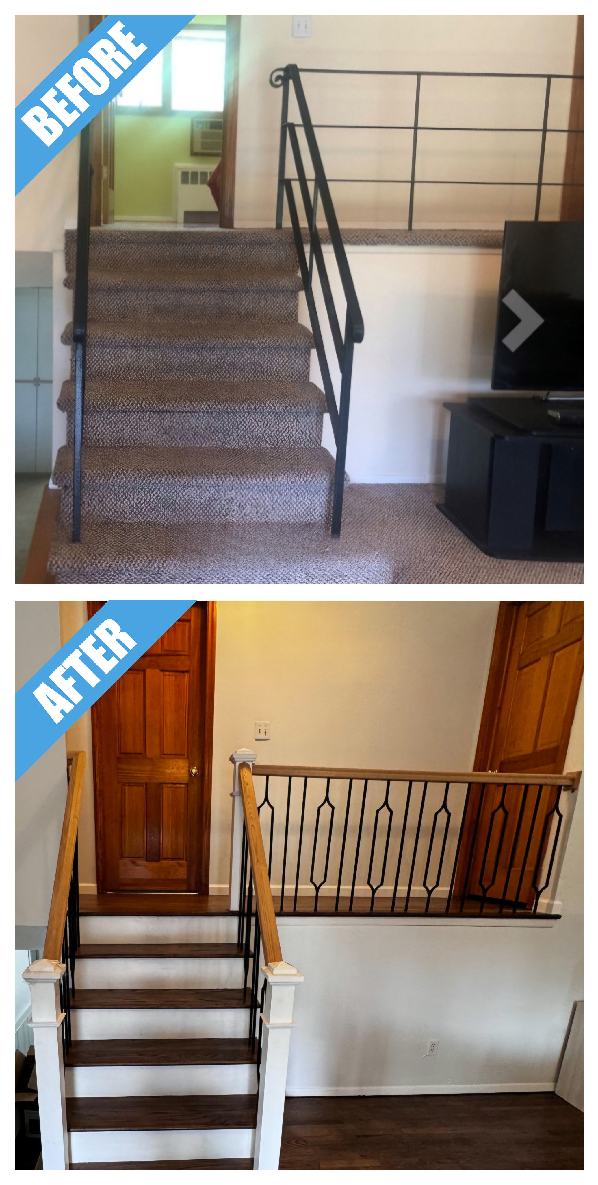 Before and after of a staircase remodel in Massapequa Park, NY: carpeted split-level stairs replaced by stained treads and a new railing