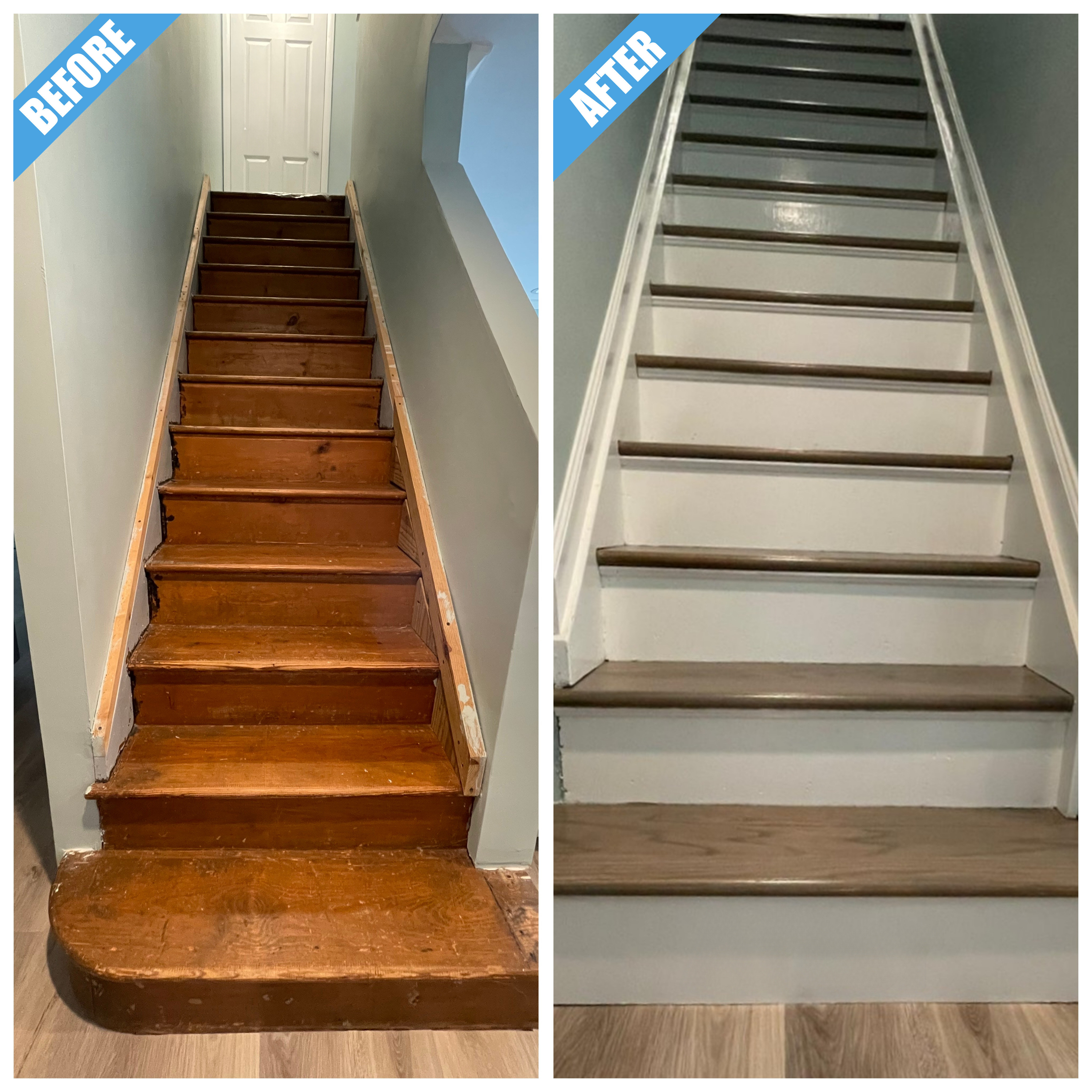Before and after of a staircase remodel in Hicksville, NY: worn wood stairs refinished with stained treads and white painted risers