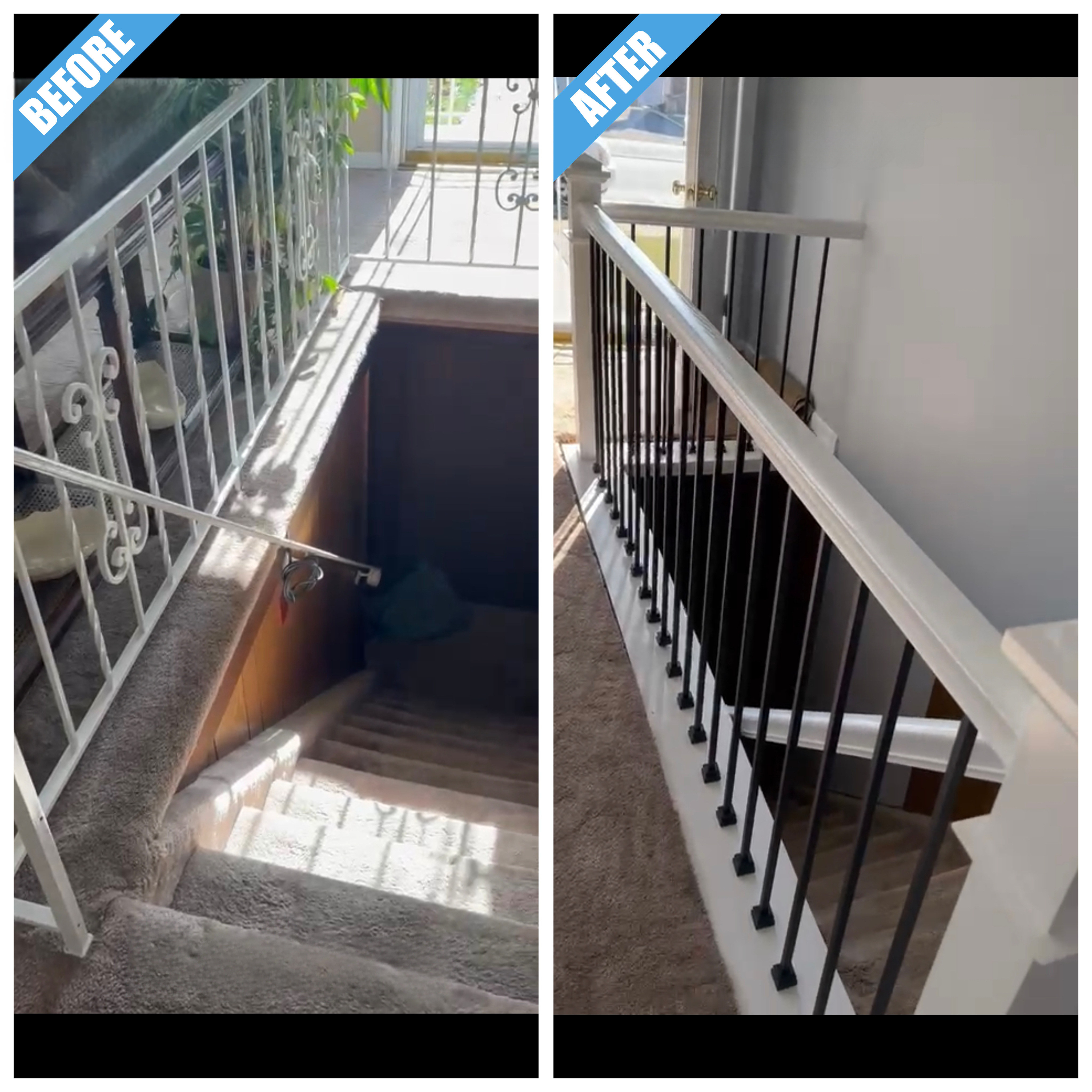 Before and after of an entry staircase remodel in Seaford, NY: iron scroll railing replaced by a white railing with black metal spindles